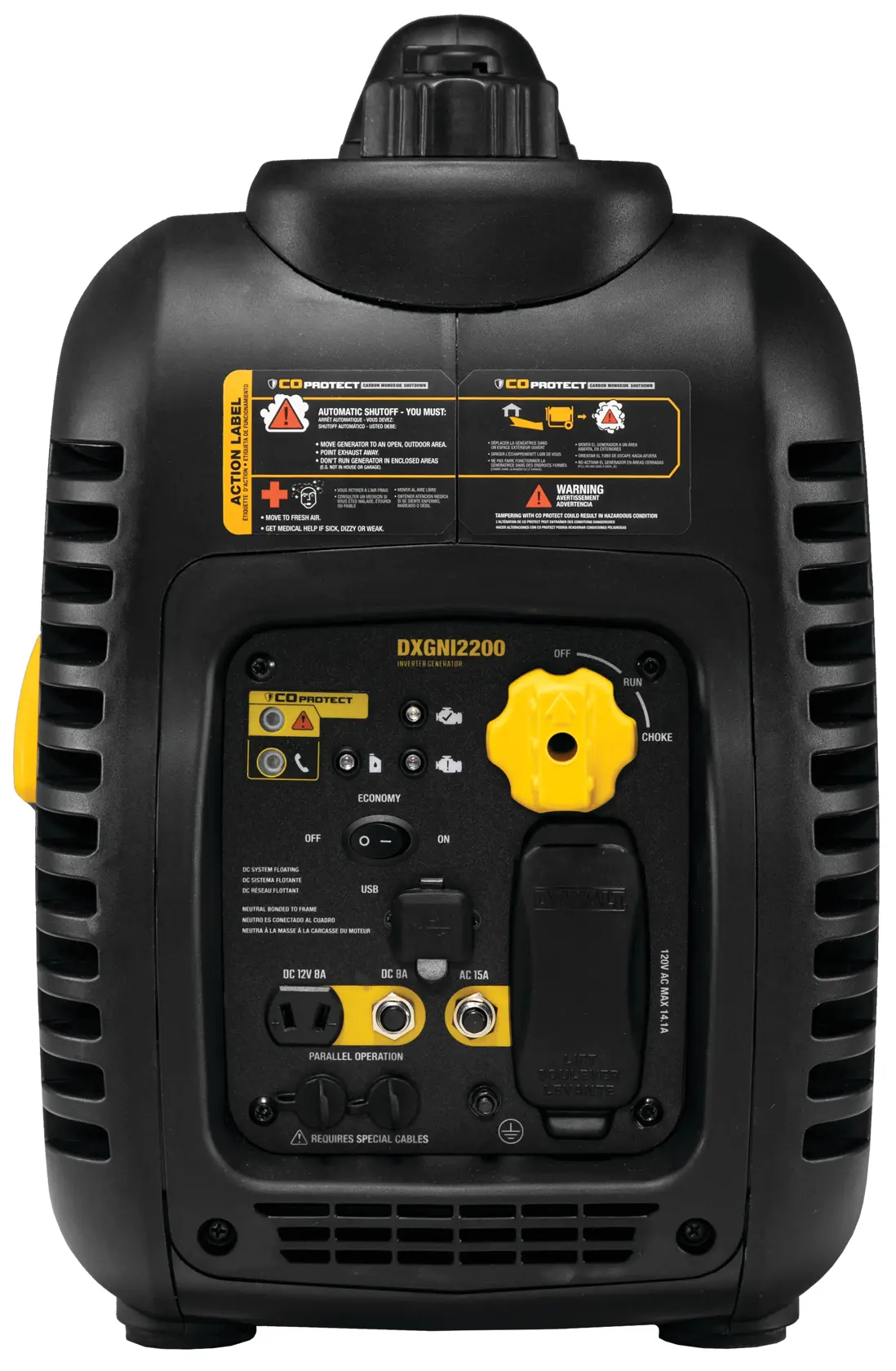 Rear view of a DEWALT DXGNI2200 portable generator, showing its control panel, power outlets, yellow choke knob, and warning labels.