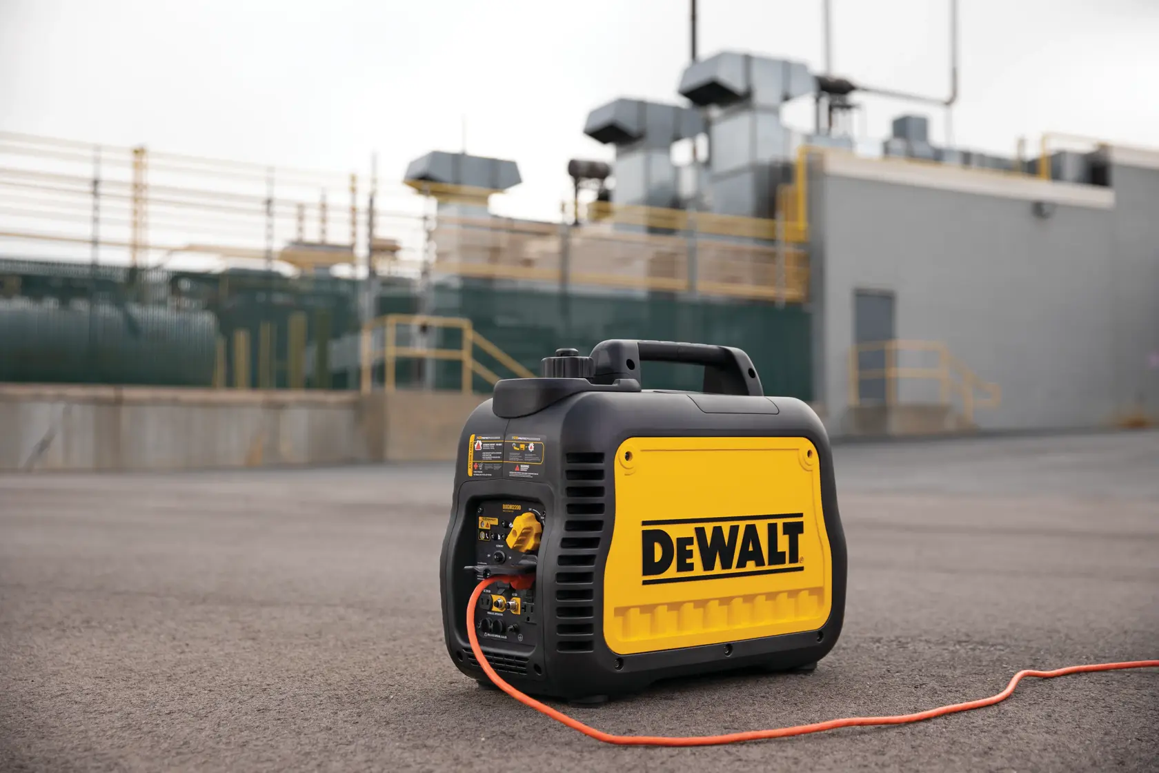 A portable DEWALT generator with a yellow and black casing is placed on an outdoor paved surface. An orange power cord is plugged into the generator, and an industrial building with equipment and railings is visible in the background.