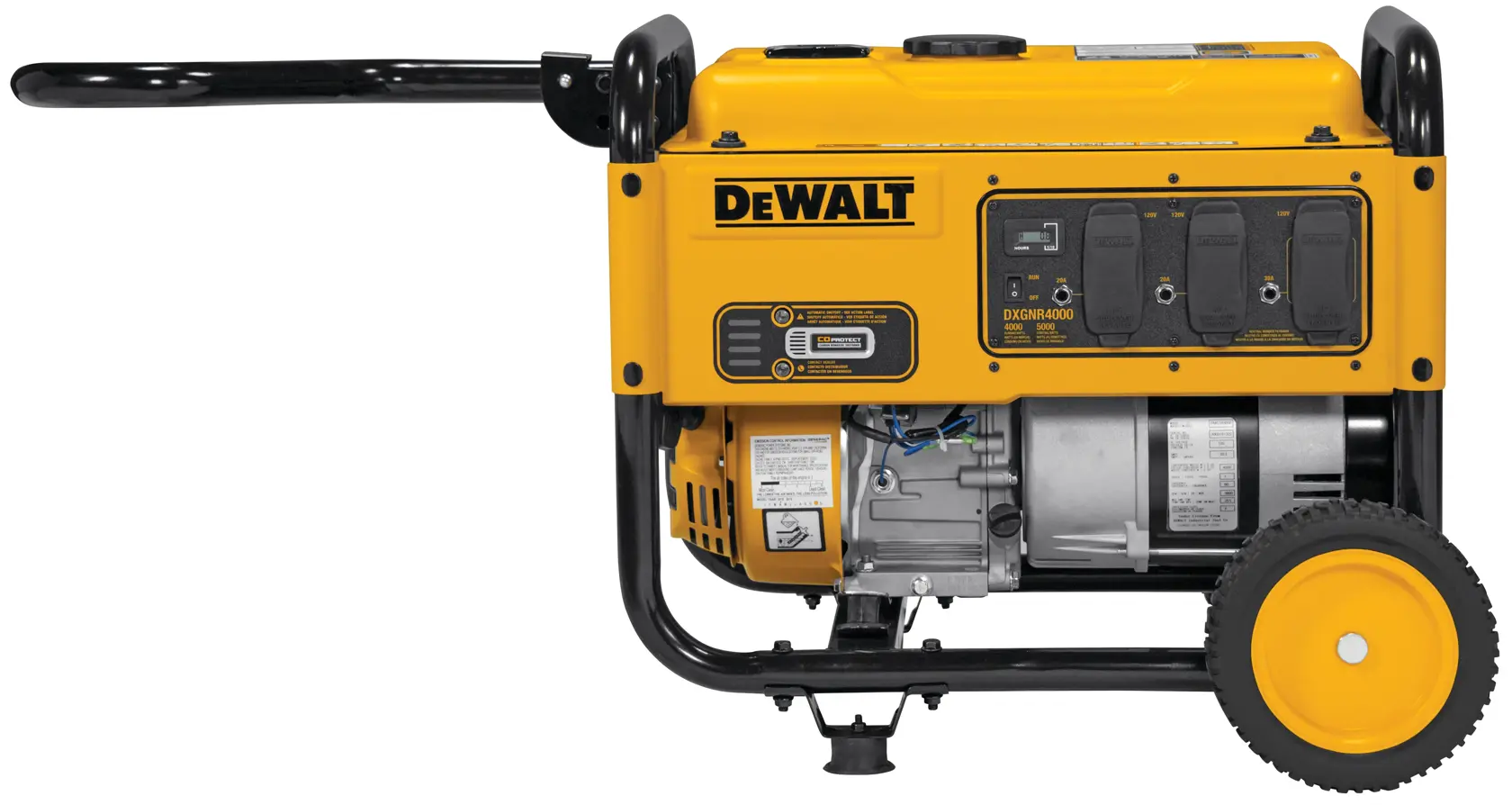A DEWALT DXGNR4000 portable generator, featuring a yellow and black color, wheels for mobility, a handle for transport, and multiple power outlets on the side.