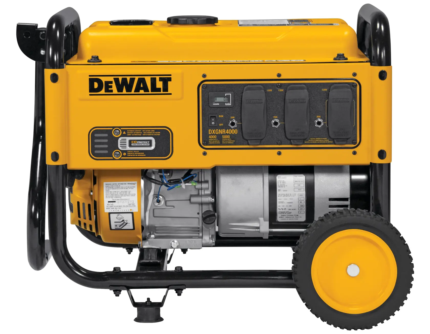 A yellow DEWALT DXGNR4000 portable generator with black frame, wheels, and multiple power outlets visible on the front panel.