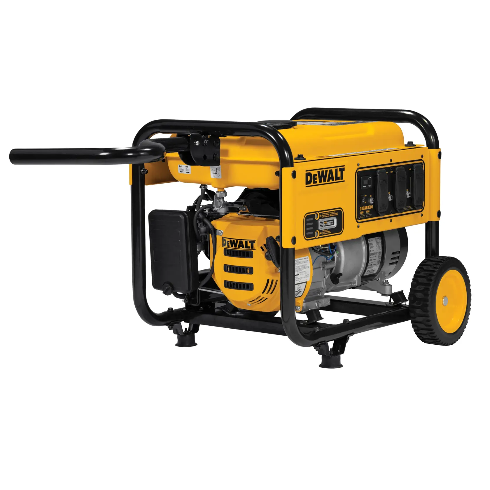 A yellow and black portable DEWALT generator with wheels and a handle, designed for outdoor or emergency power supply.