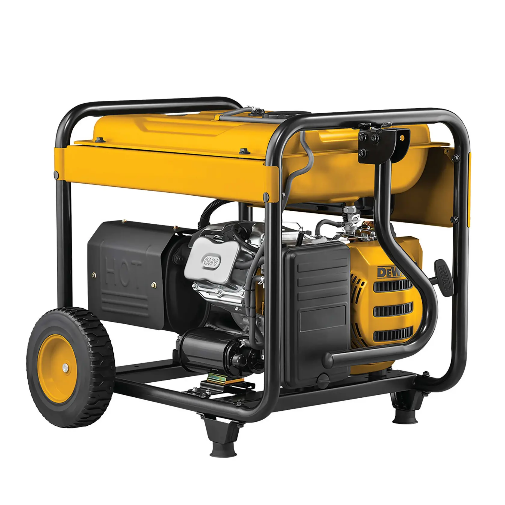A portable yellow and black generator with wheels and a metal frame, shown from a side angle. The engine and fuel tank are visible.