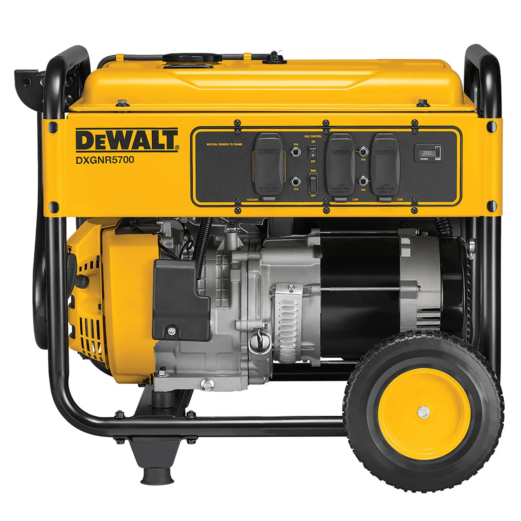A DEWALT DXGNR5700 portable generator with a yellow and black design, featuring multiple power outlets and wheels for mobility.