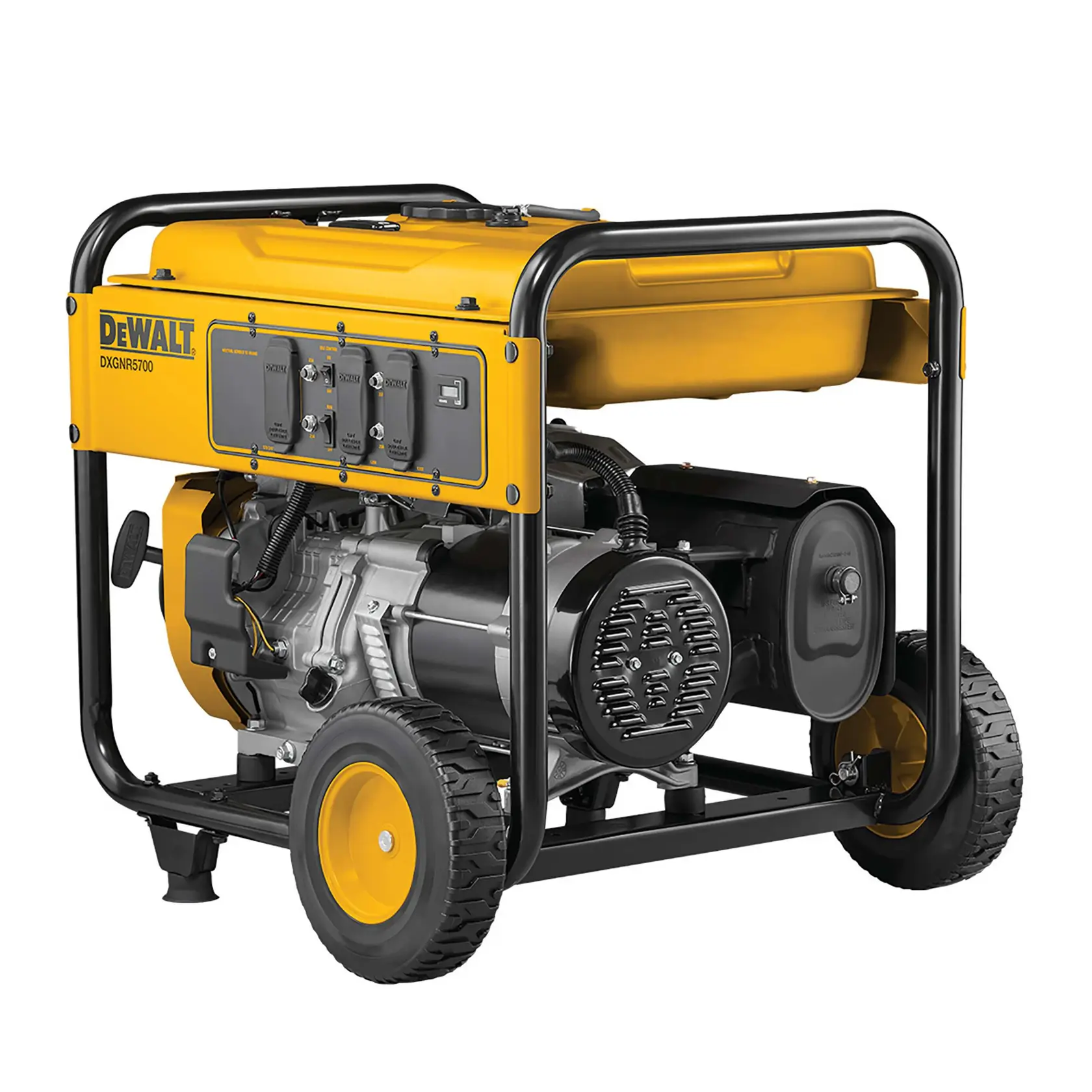 A portable yellow and black DEWALT DXGNR5700 generator with wheels, frame, and multiple power outlets on the front panel, designed for outdoor or emergency power supply.