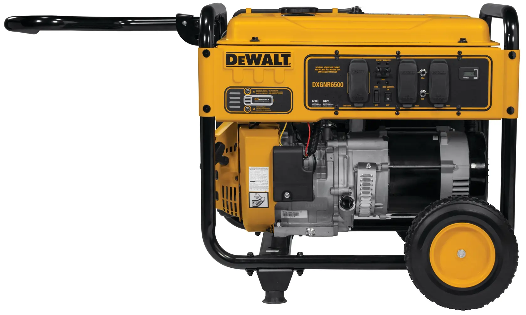 Portable DEWALT DXGNR6500 generator with yellow and black frame, large wheels, carrying handle, and multiple power outlets on the front control panel.