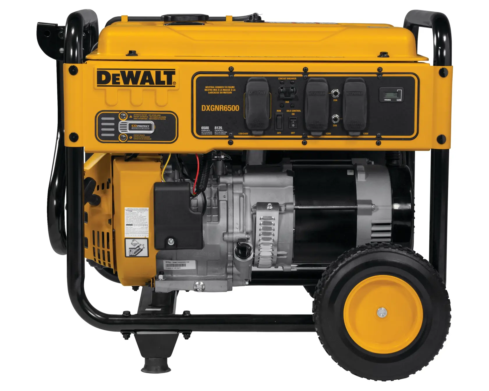 A yellow and black portable DEWALT generator, model DXGNR6500, with wheels for easy transport and multiple control panels.