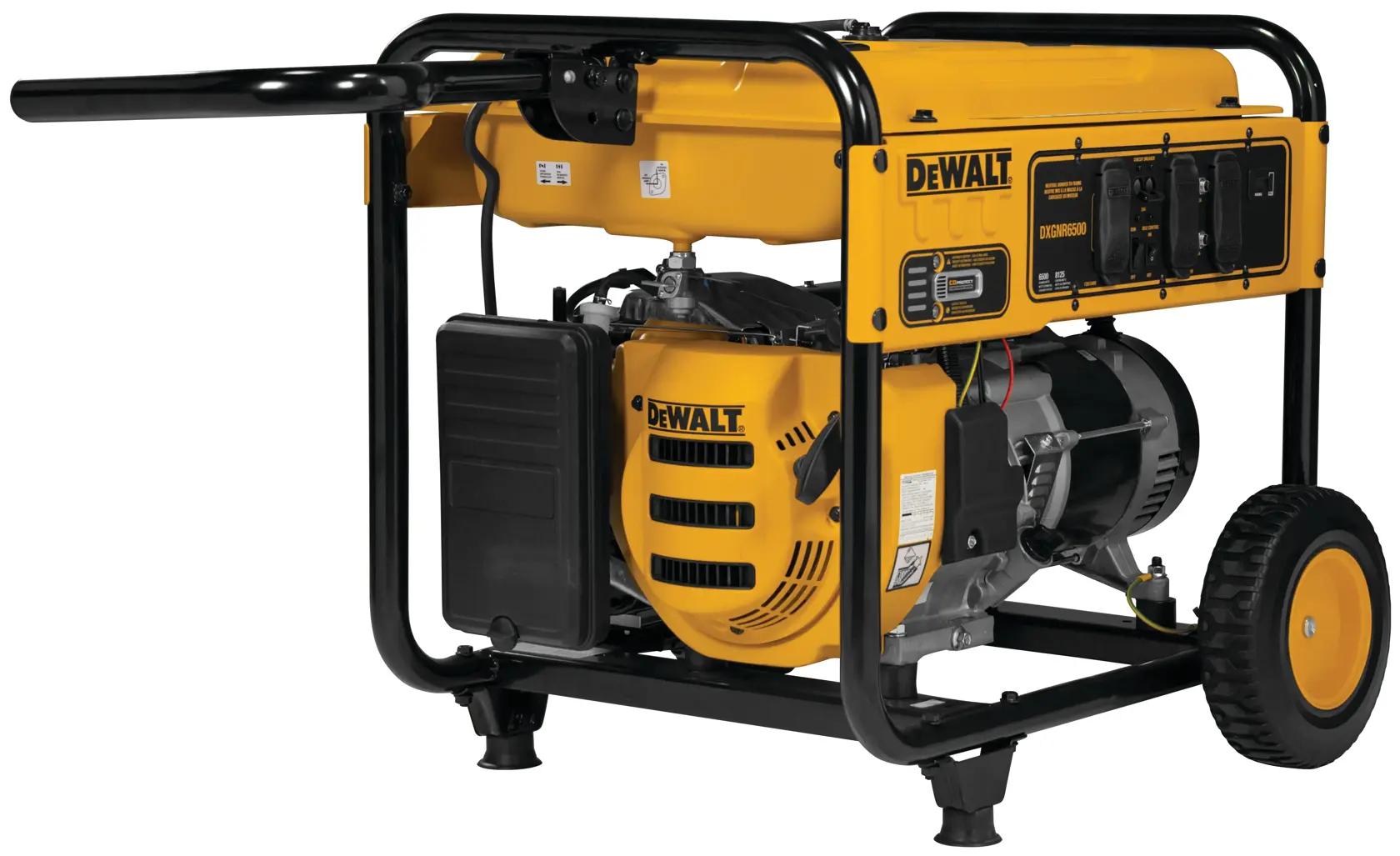 A DEWALT DXGNR6500 portable generator with a yellow and black exterior, two wheels, a handle for mobility, and multiple power outlets on the side.