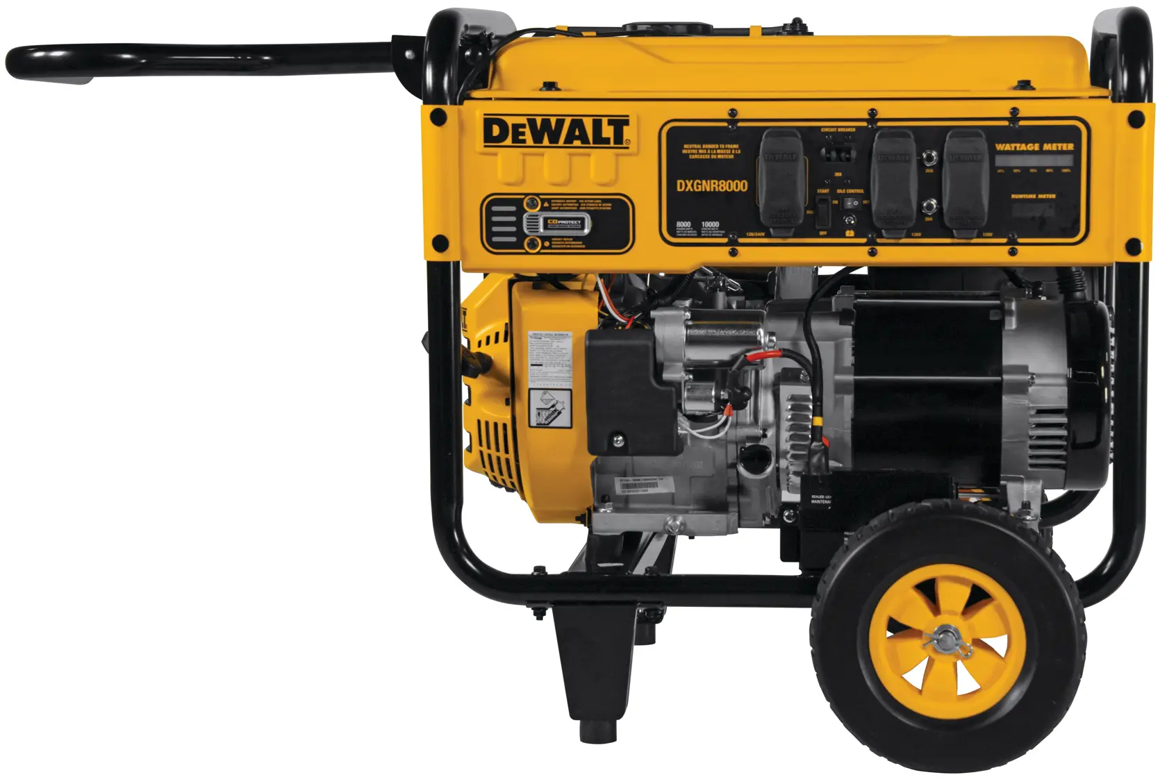 A yellow and black DEWALT portable generator, model DXGNR8000, with wheels and handle for transport. The control panel and outlets are visible on the side.
