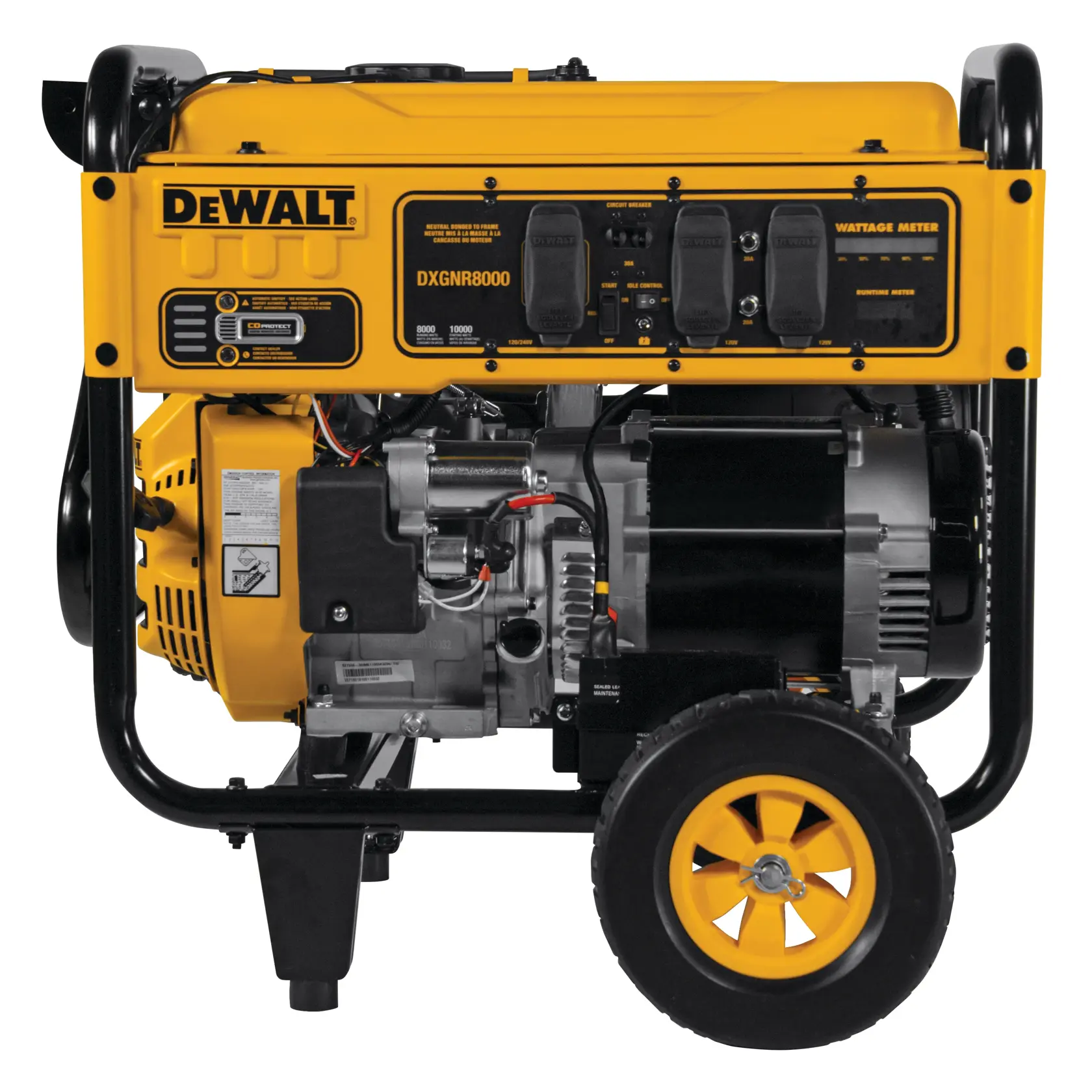 A yellow and black DEWALT portable generator with model number DXGNR8000, featuring multiple power outlets and wattage meter panel, mounted on a metal frame with wheels for mobility.