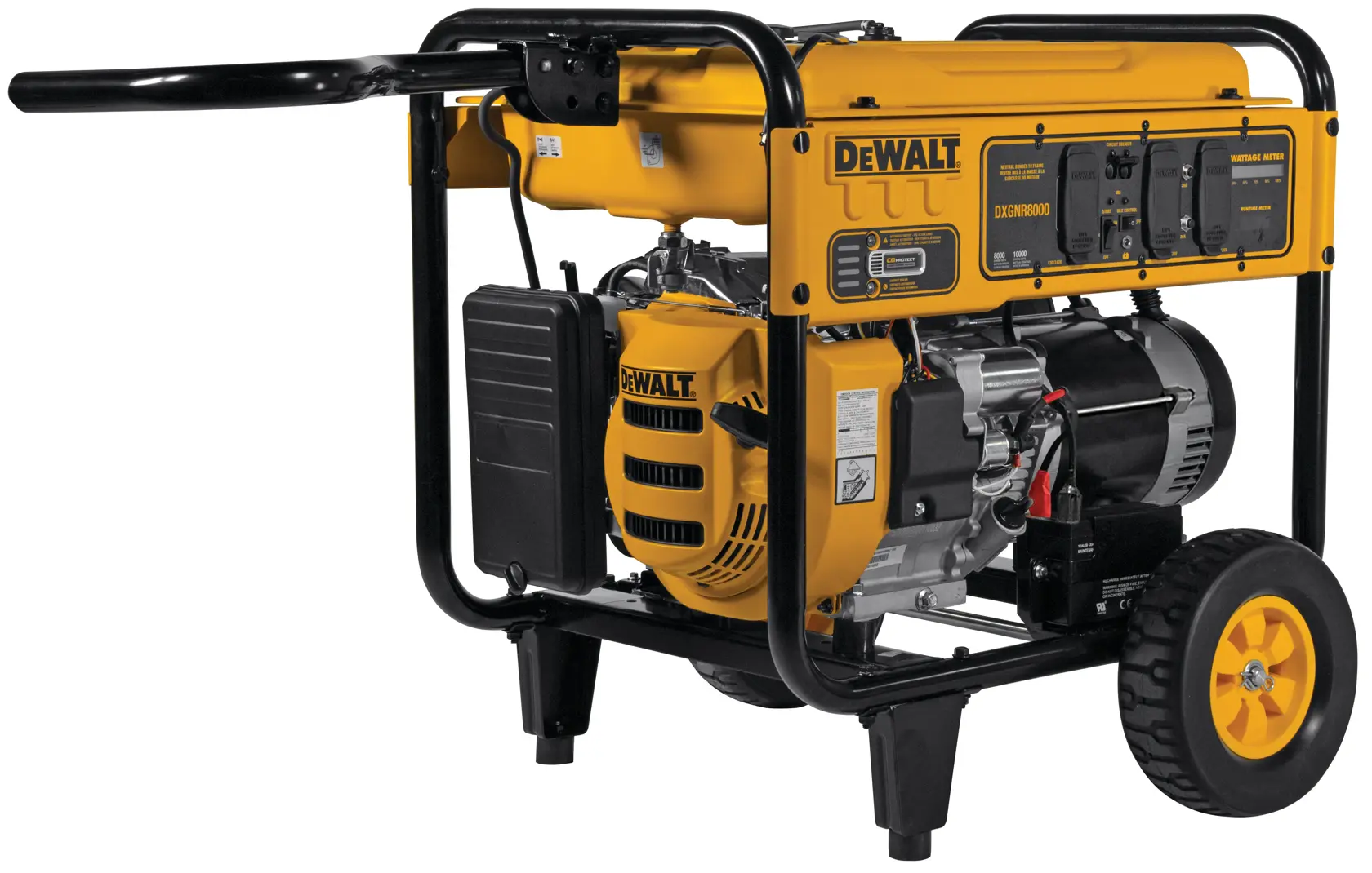 Portable DEWALT generator model DXGNR8000 with yellow and black frame, wheels, handle, and control panel.