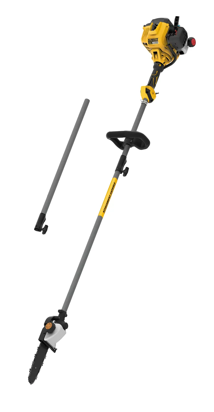 A DEWALT DXGP210 pole saw with yellow and black motor, gray extension pole, and small chainsaw blade attachment, shown on a white background with its separate extension piece.
