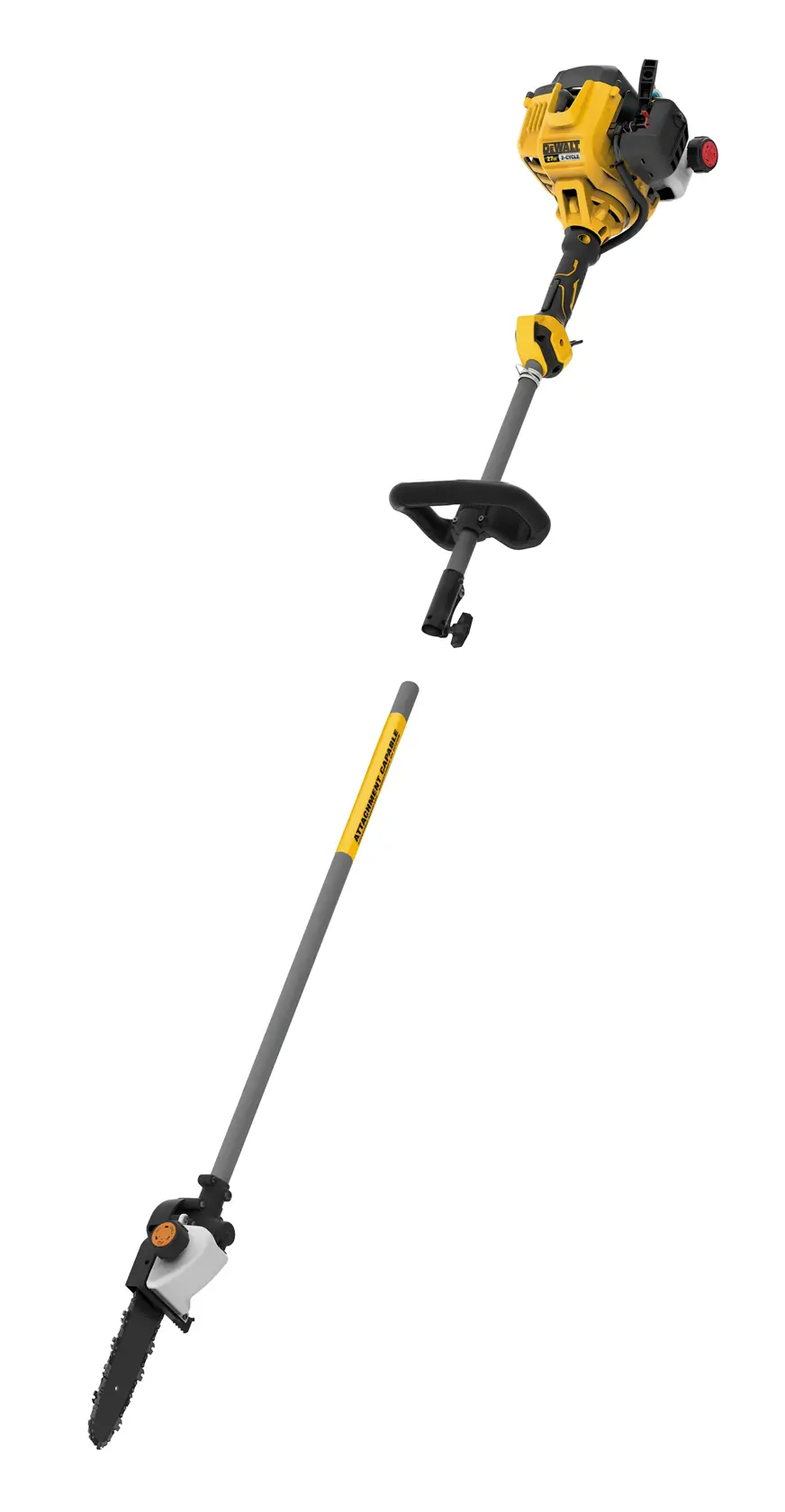A DEWALT DXGP210 gas-powered pole saw with a yellow and black engine unit, a long gray shaft, and a chainsaw blade at the end, designed for pruning and trimming tree branches.