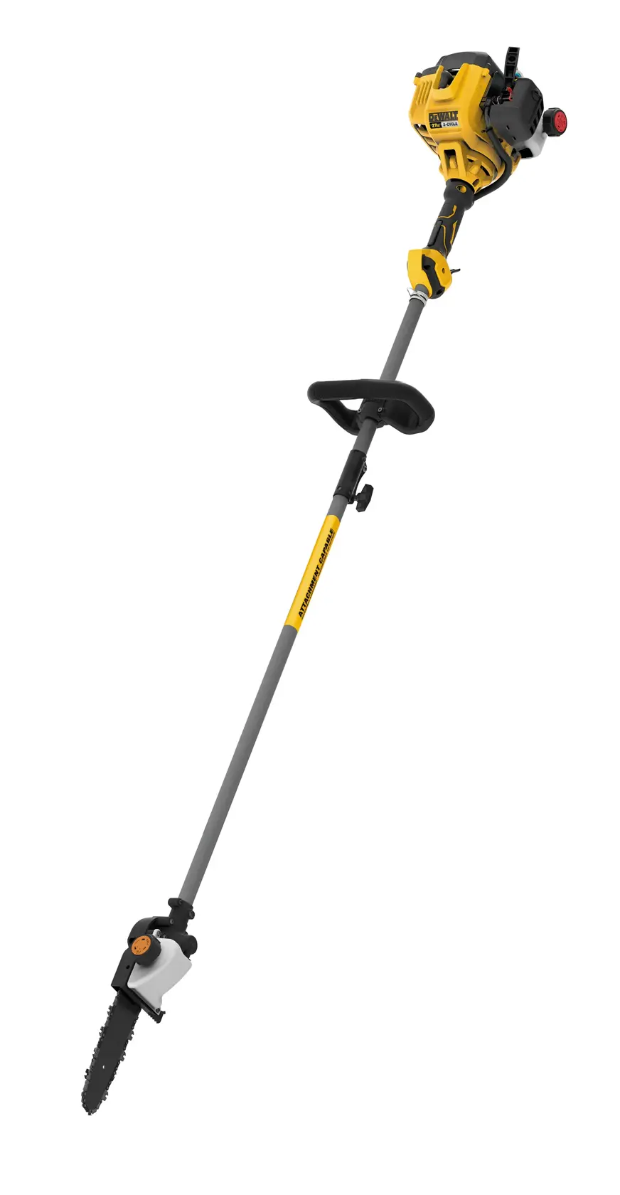 A DEWALT DXGP210 pole saw with a yellow and black motor head and a long gray pole, suitable for trimming tree branches.