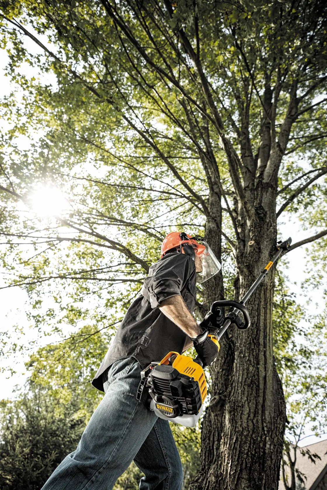 A person wearing safety gear uses a DEWALT DXGP210 pole saw to trim branches from a tall tree outdoors.