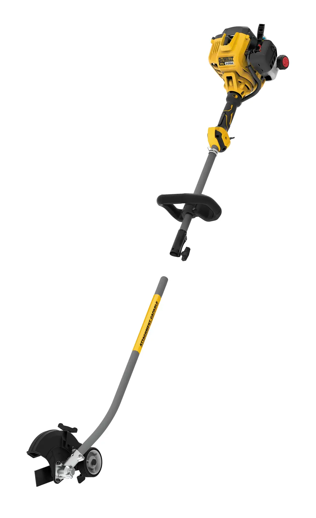 A DEWALT gas-powered lawn edger with a yellow and black engine, a grey shaft, and a black handle. The edger features a blade guard and wheels at the lower end for precise edging.