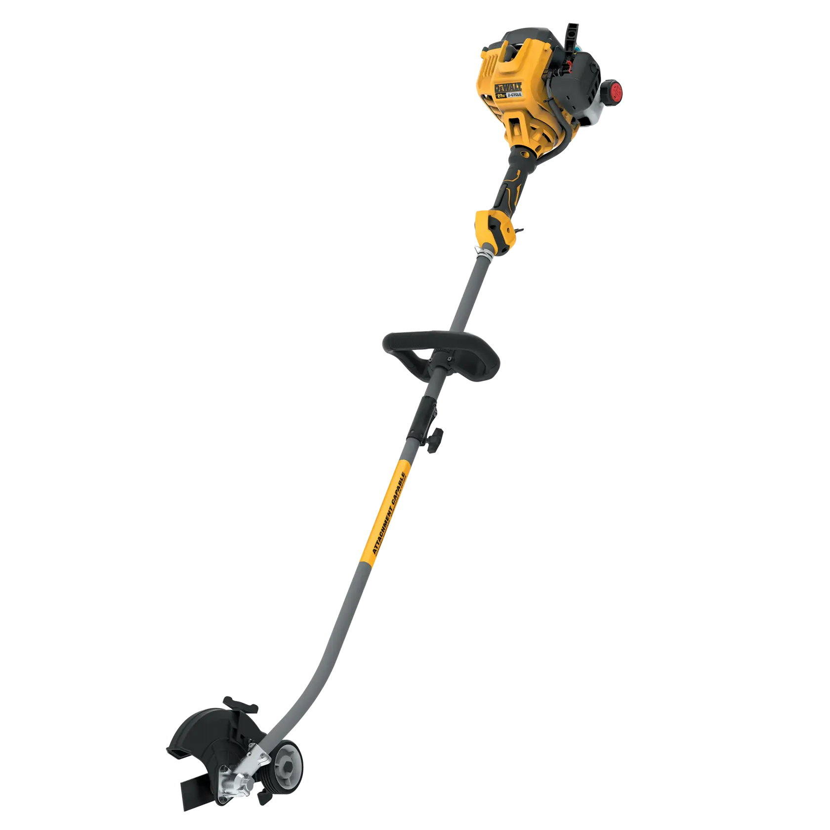 A DEWALT gas-powered lawn edger with a yellow and gray design. It features a curved shaft, adjustable handle, and a cutting blade with a protective guard at the bottom. The edger is intended for trimming and edging grass along walkways and driveways.