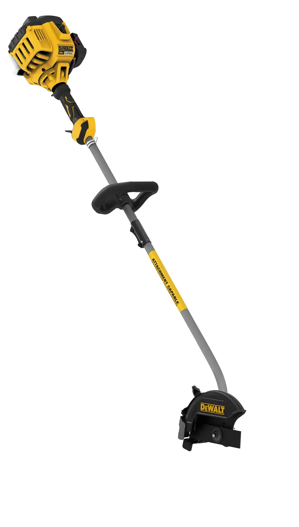 A DEWALT gas-powered lawn edger with a yellow and black engine housing, gray shaft, and adjustable handle, designed for landscaping and garden edging.