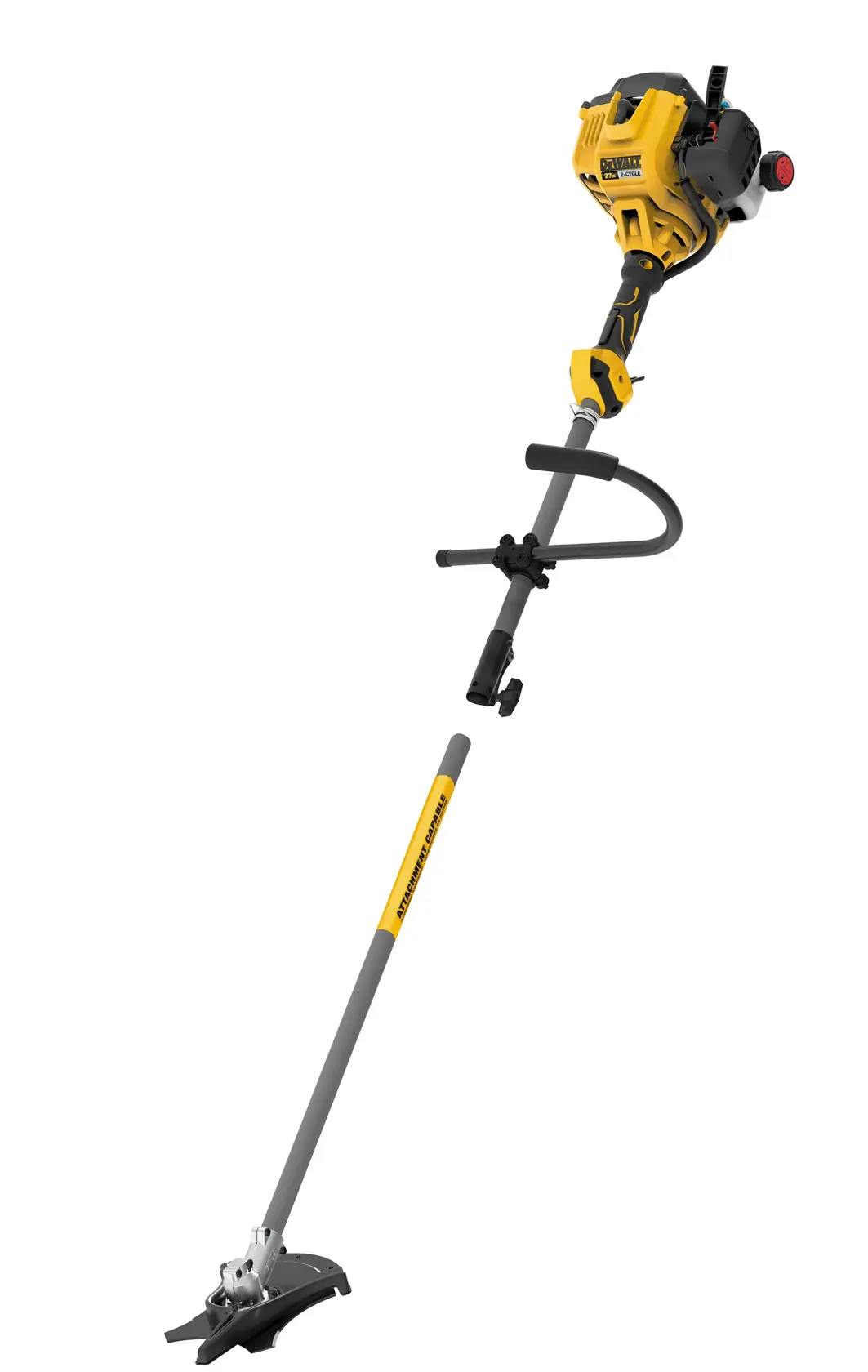 A yellow and black DEWALT gas-powered string trimmer with a straight shaft and ergonomic handle, designed for lawn and garden maintenance.