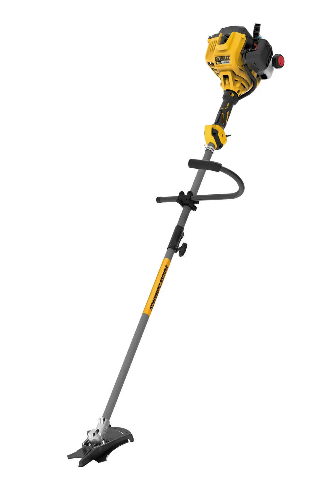 A DEWALT gas-powered string trimmer with a yellow and black engine, gray shaft, and curved handle, designed for lawn and garden maintenance.
