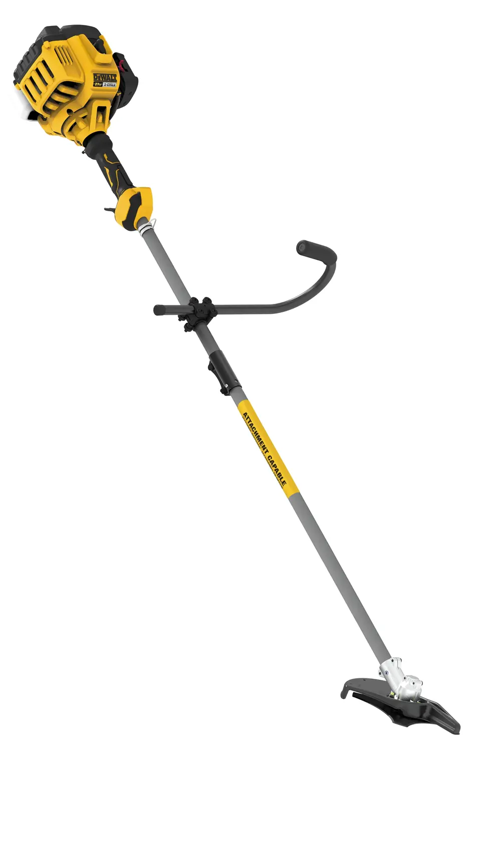 A DEWALT gas-powered string trimmer with a yellow and black motor and a long gray shaft. The tool features a curved handle and a protective guard near the cutting head.