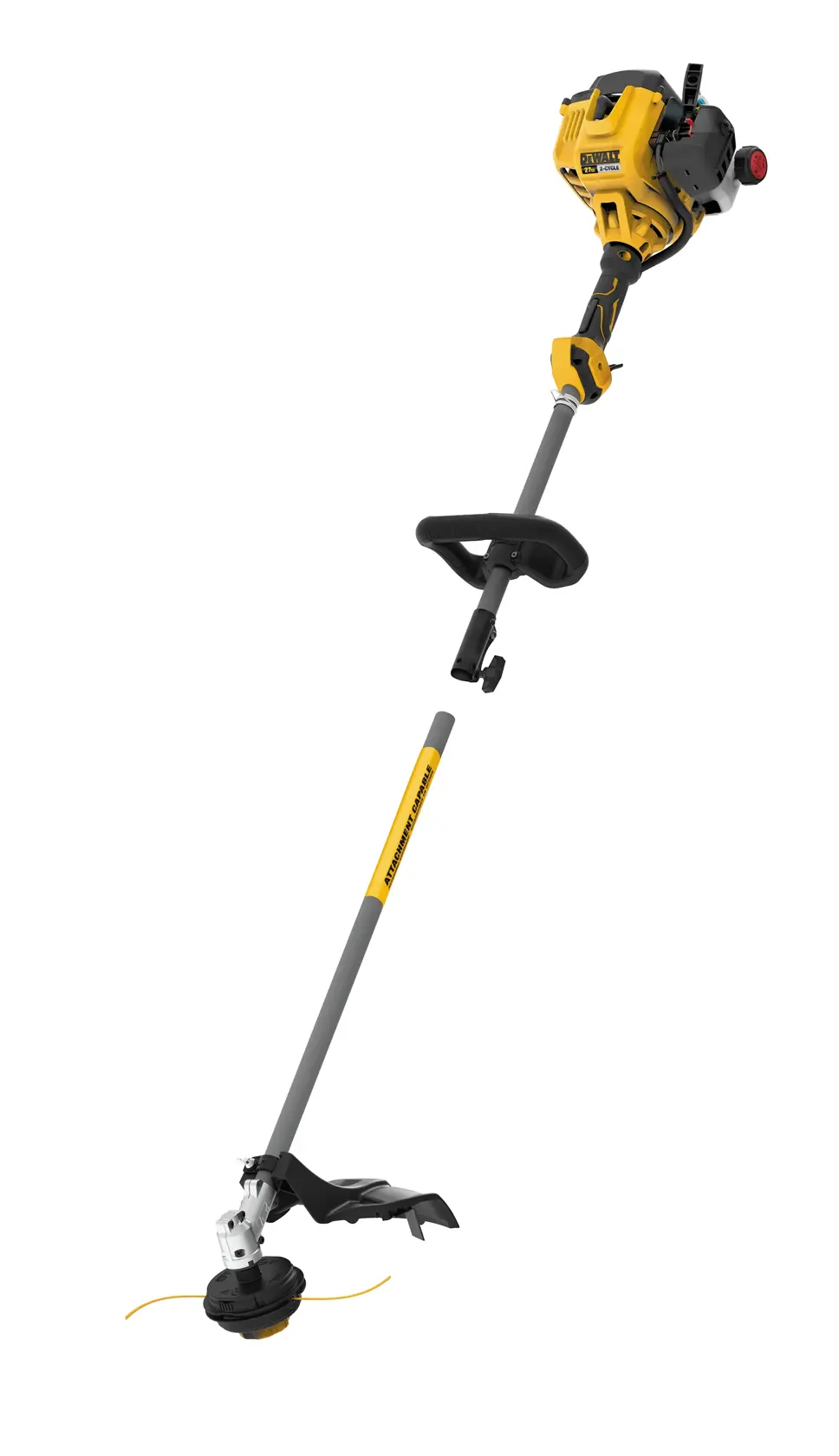 A yellow and black DEWALT gas-powered string trimmer with a straight shaft, ergonomic handle, and cutting head for trimming grass and weeds.