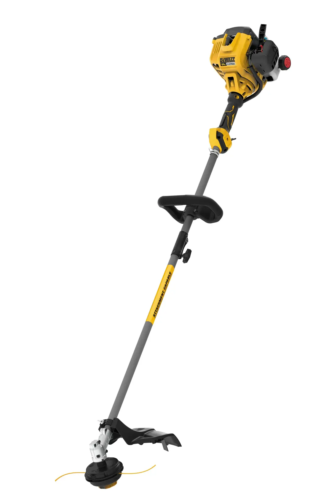A DEWALT gas-powered string trimmer with a yellow and black engine, straight shaft, and loop handle. The trimmer has a cutting head with visible trimming line and is intended for outdoor lawn care.