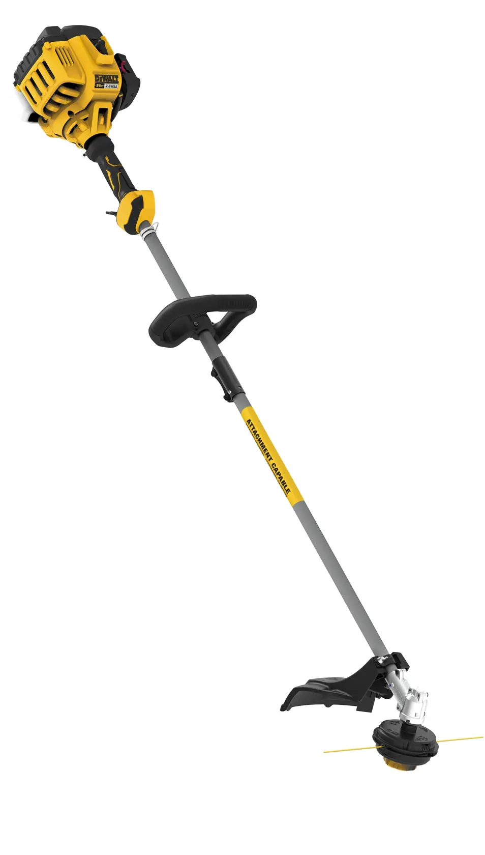 A yellow and black DEWALT gas string trimmer with a straight shaft, ergonomic handle, and protective guard, designed for outdoor lawn and garden maintenance.