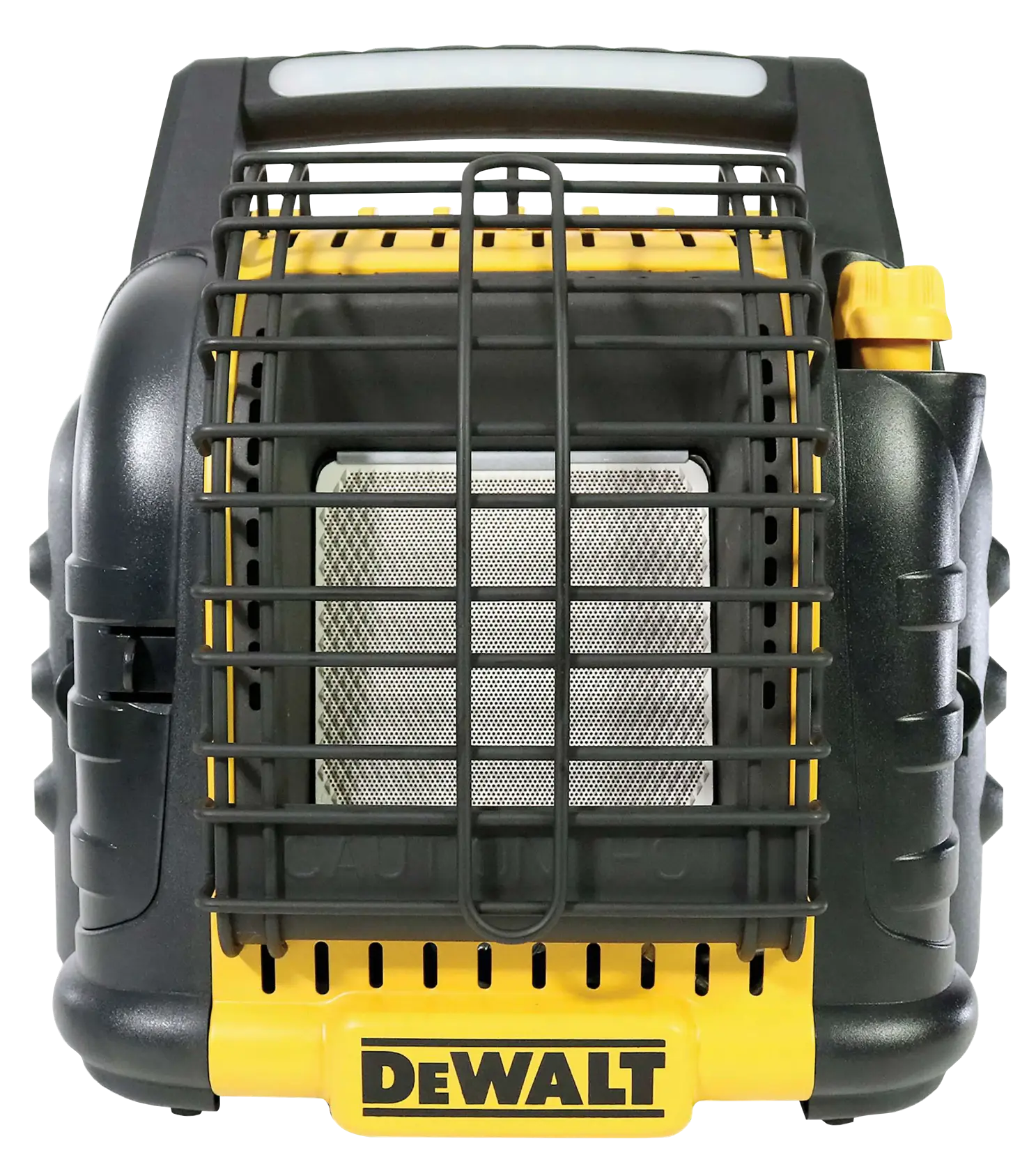 Front view of a DEWALT portable heater with a protective black grill and yellow accents, featuring a handle on top and the DEWALT logo at the base.