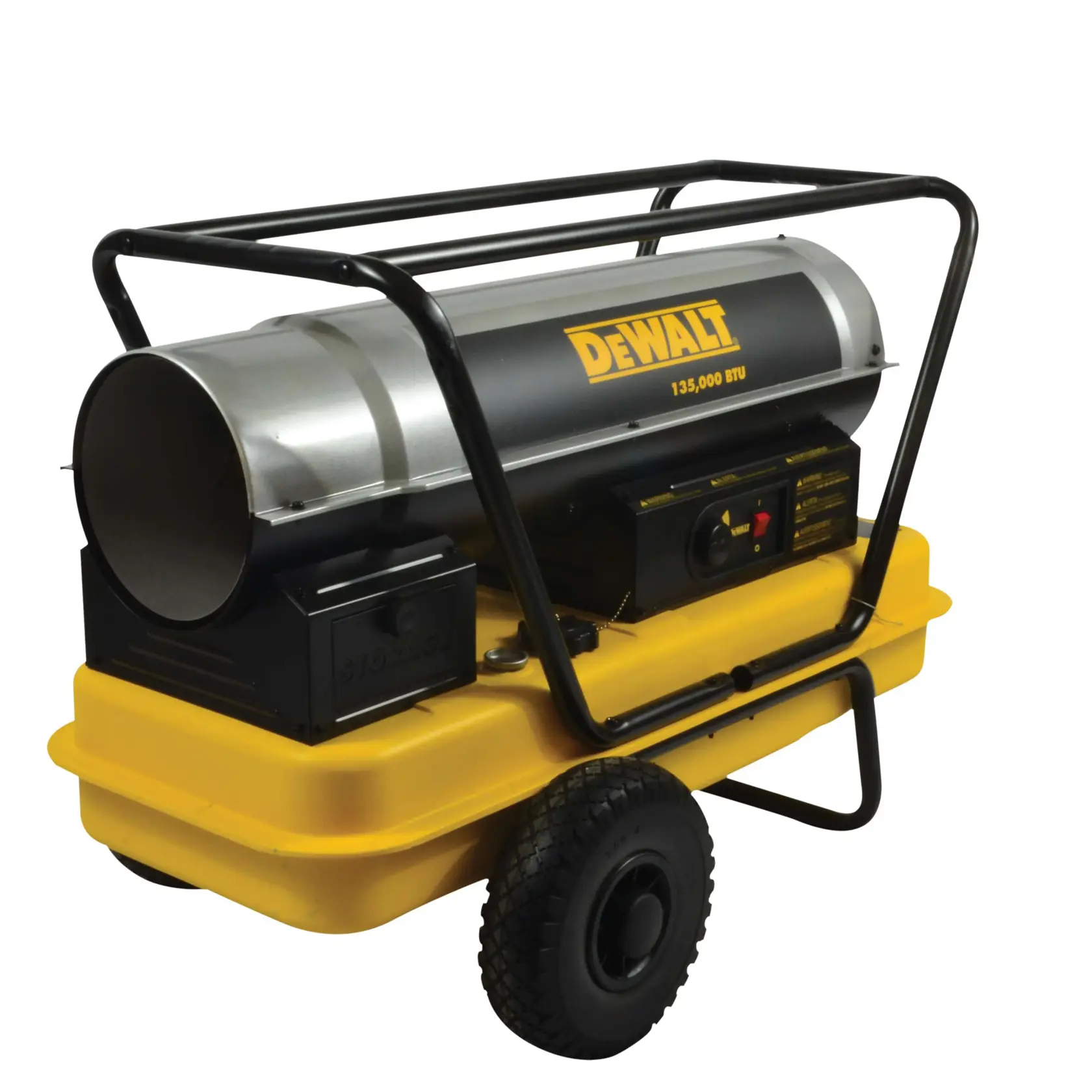 A DEWALT portable industrial heater with wheels, yellow and black body, and a metal frame. The unit is labeled 135,000 BTU and designed for high-capacity heating.
