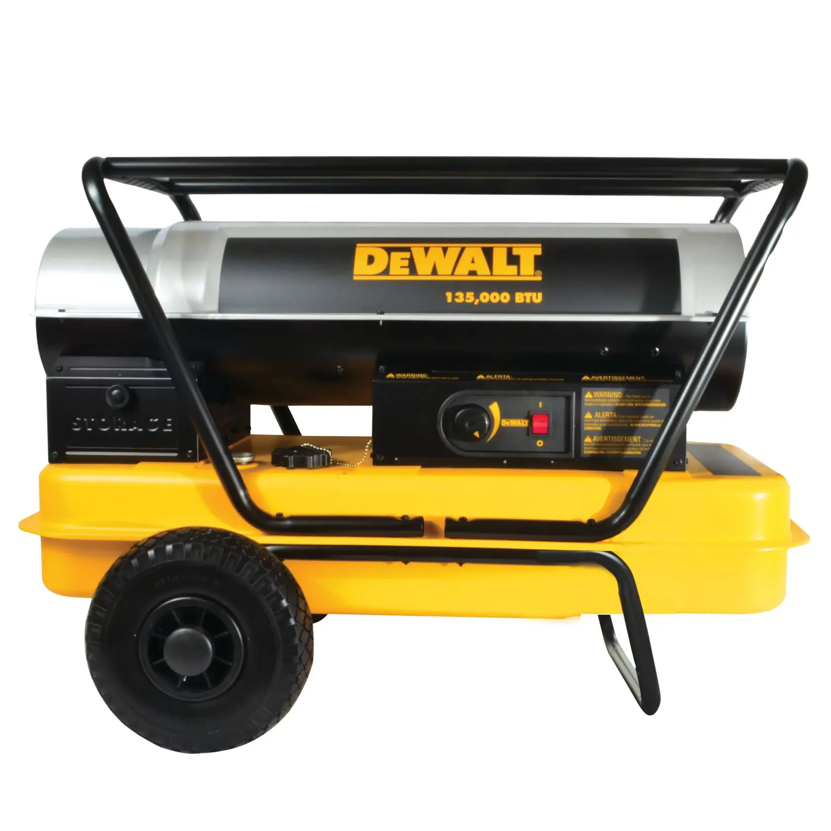 A DEWALT portable forced air heater with wheels and handle, 135,000 BTU capacity, shown in yellow and black colors.