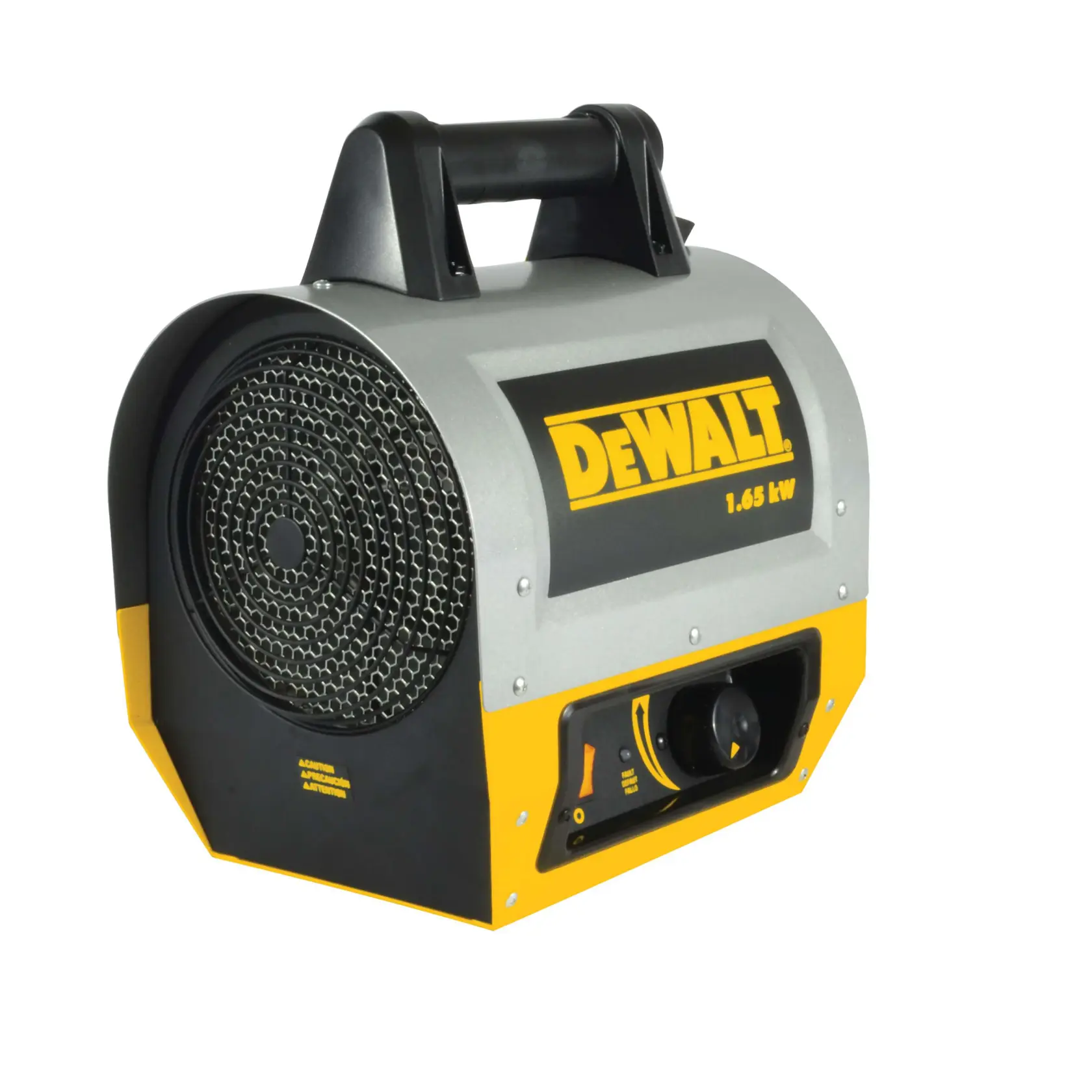 A portable electric heater by DEWALT, model DXH165, featuring a prominent handle on top, a circular vent with protective grille on the side, and a yellow and black design with the DEWALT logo and power rating of 1.65 kW displayed.