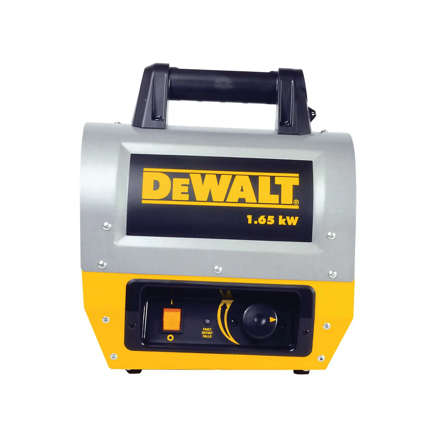 Front view of a DEWALT portable electric heater with a handle on top, labeled with 1.65 kW power rating. The heater has a yellow and gray body, with a control panel featuring a power switch and knob.