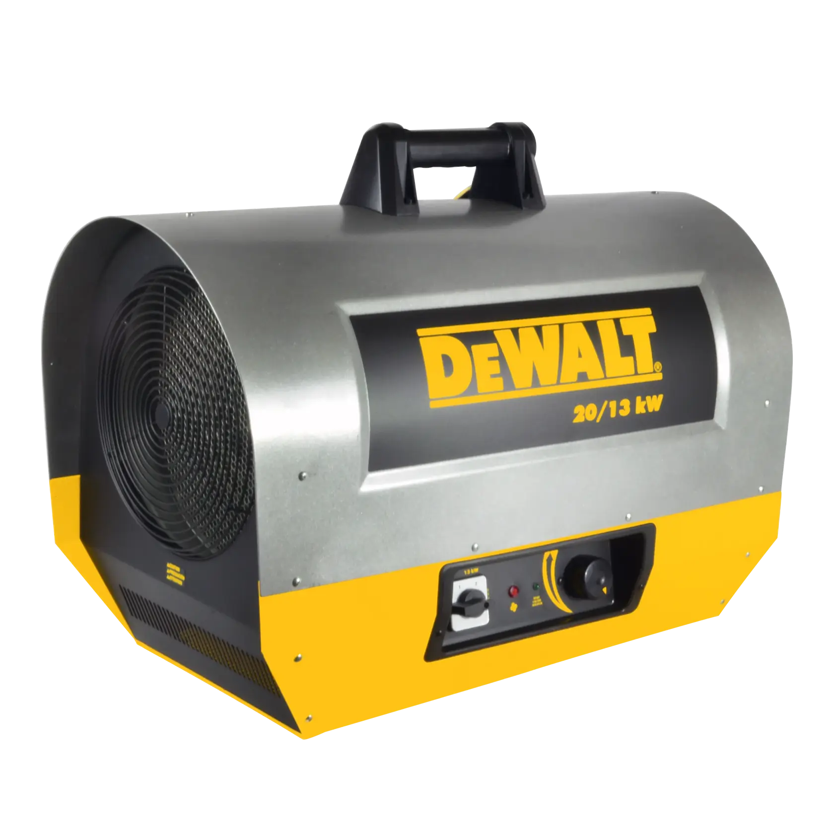 Industrial portable heater by DEWALT, model DXH2000TS, featuring a silver and yellow metal body with a handle on top and control panel on the front.