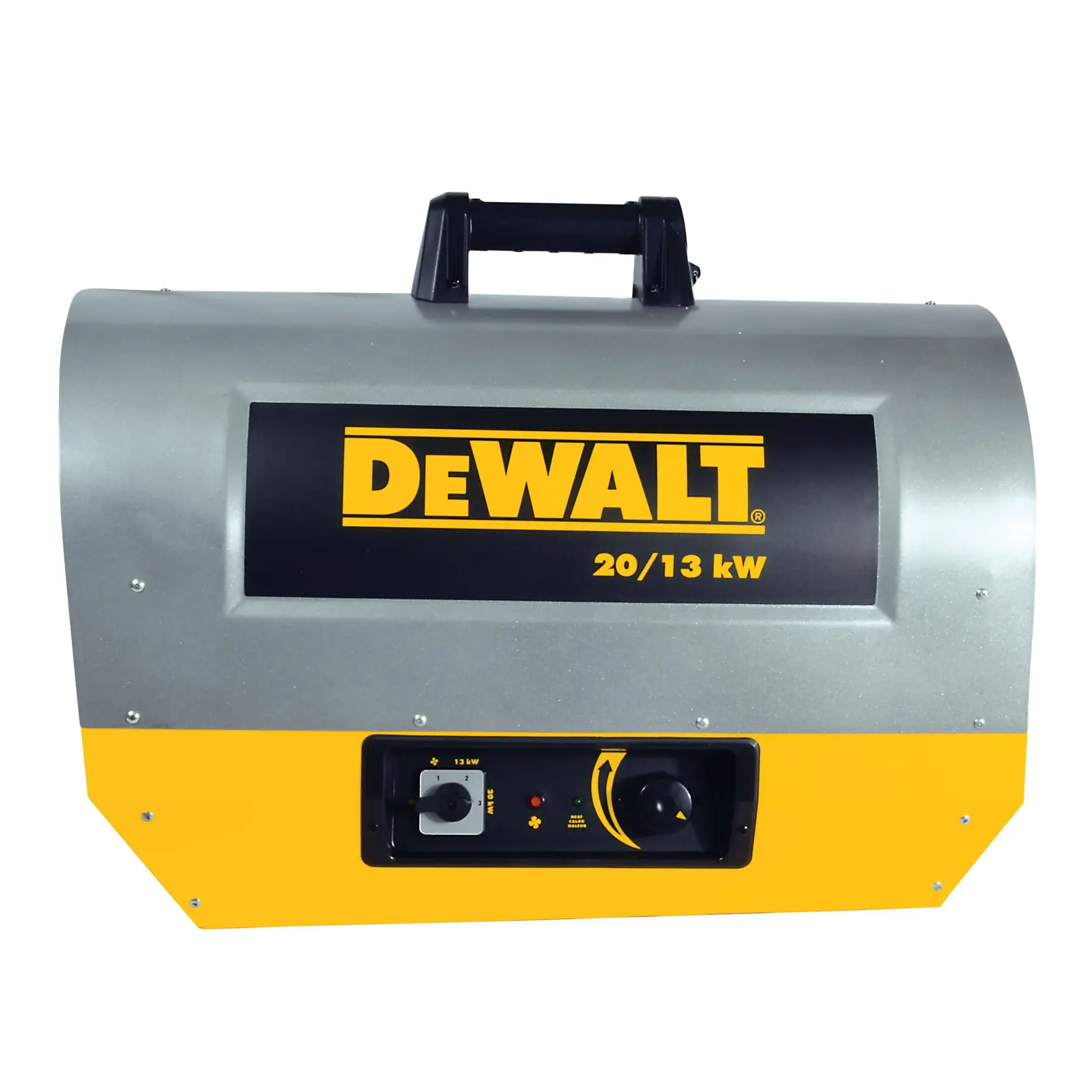A DEWALT branded industrial heater with a yellow and silver body, black handle on top, and control panel on the front. The label displays 'DEWALT 20/13 kW'.