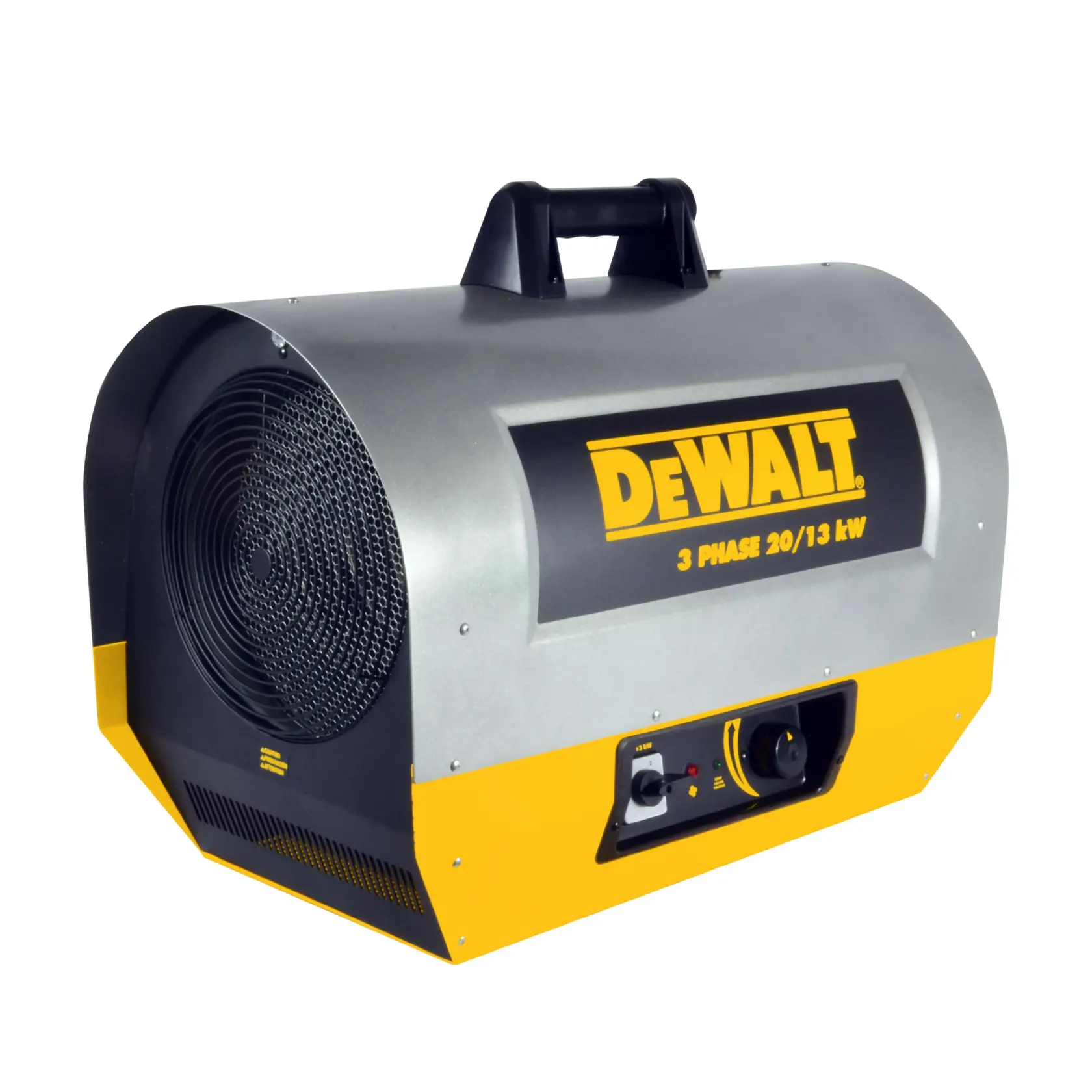 A DEWALT industrial electric heater, model DXH2003TS, with a yellow and gray body, a black control panel on the front, and a carrying handle on top. The unit is labeled '3 PHASE 20/13 kW.'