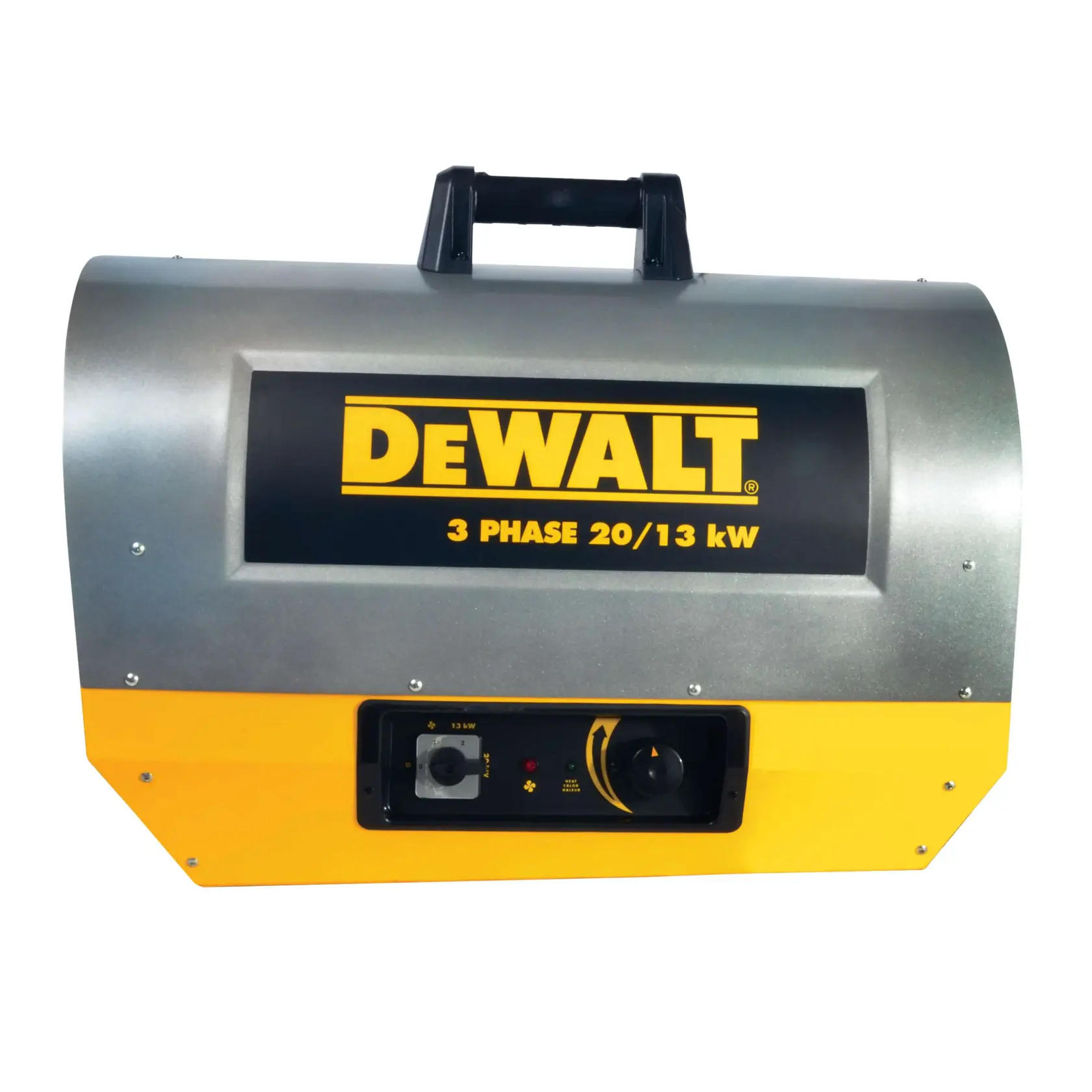 A DEWALT industrial heater with a metallic and yellow casing, featuring a handle on top, control panel, and labeled '3 PHASE 20/13 kW' on the front.