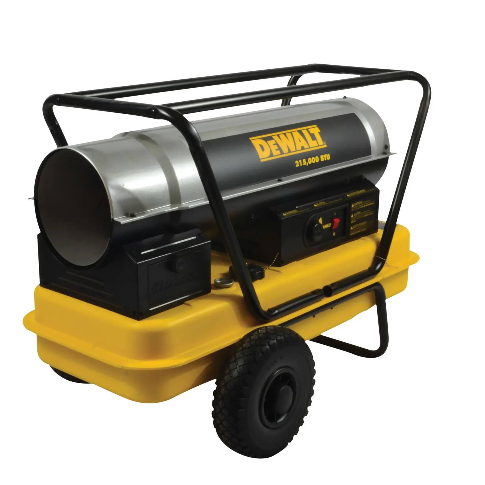 A DEWALT portable forced air heater with a yellow base, large wheels, and a metal frame. The heater is labeled with '215,000 BTU' and features controls on the side. It is designed for industrial or workspace heating.
