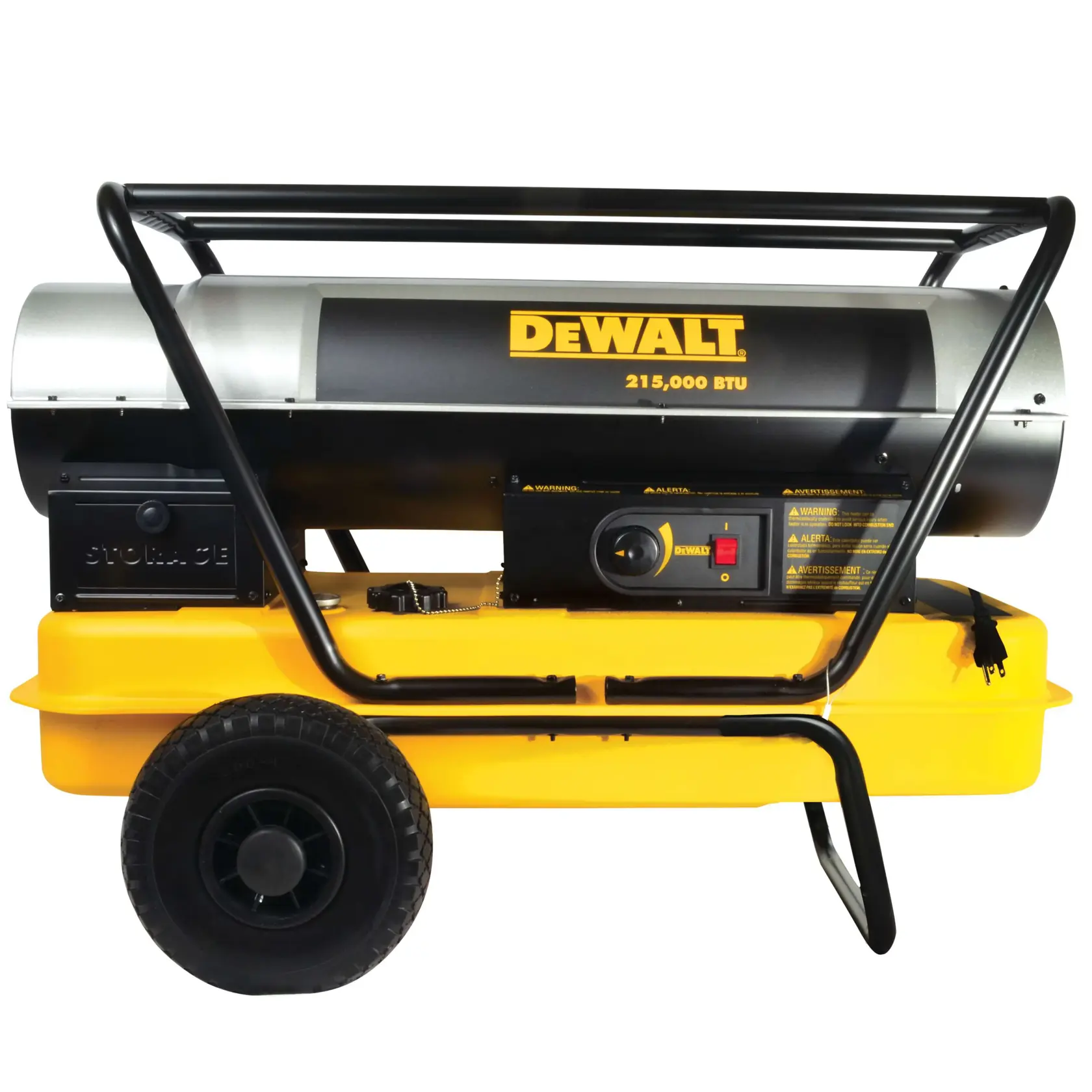 A DEWALT portable forced air heater with wheels and a handle, model DXH215HD. The heater is black and yellow and has a prominently displayed '215,000 BTU' label on the side.