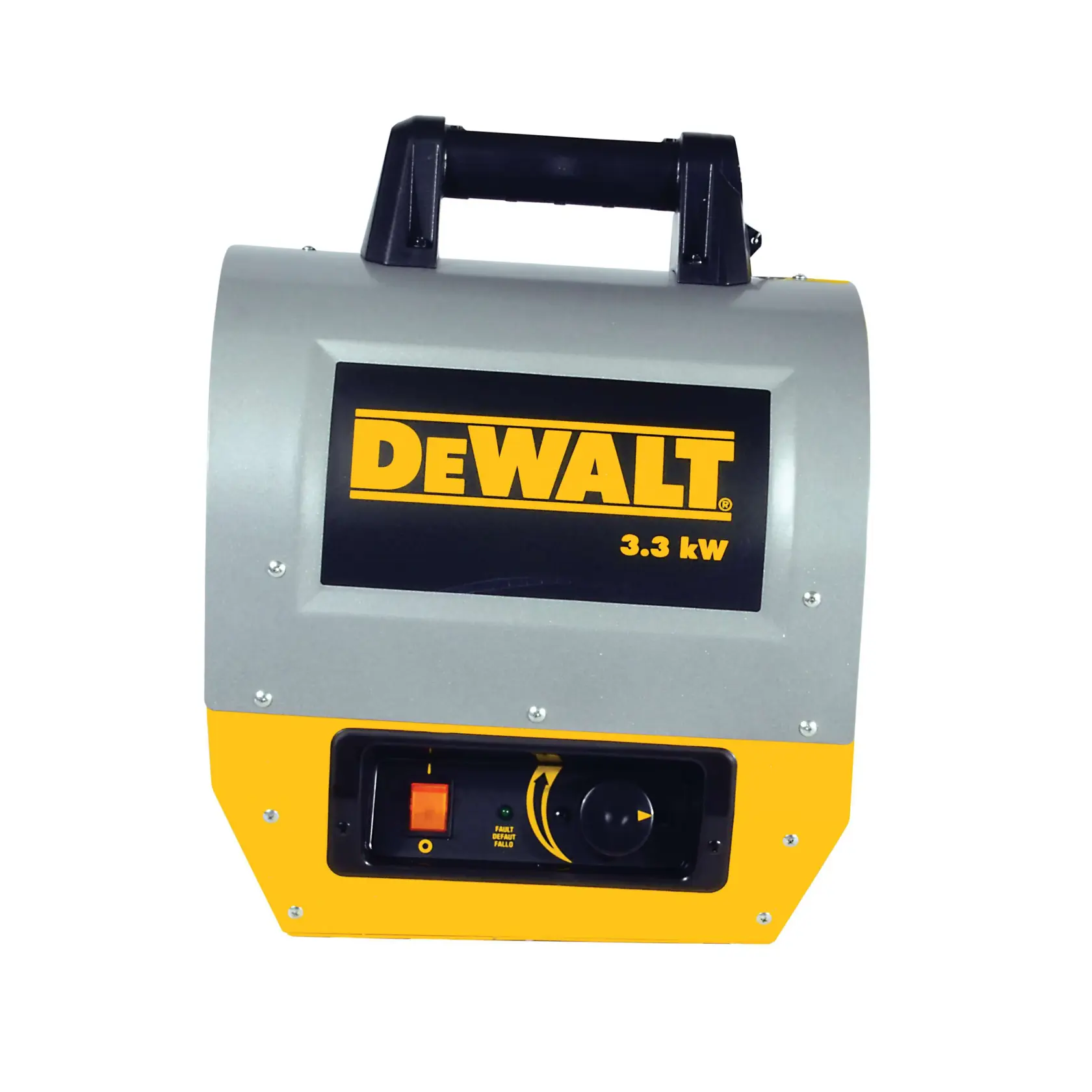 A DEWALT portable heater with a carrying handle, displaying 'DEWALT 3.3 kW' on the front. It has a control panel with switches and knobs on the bottom section.