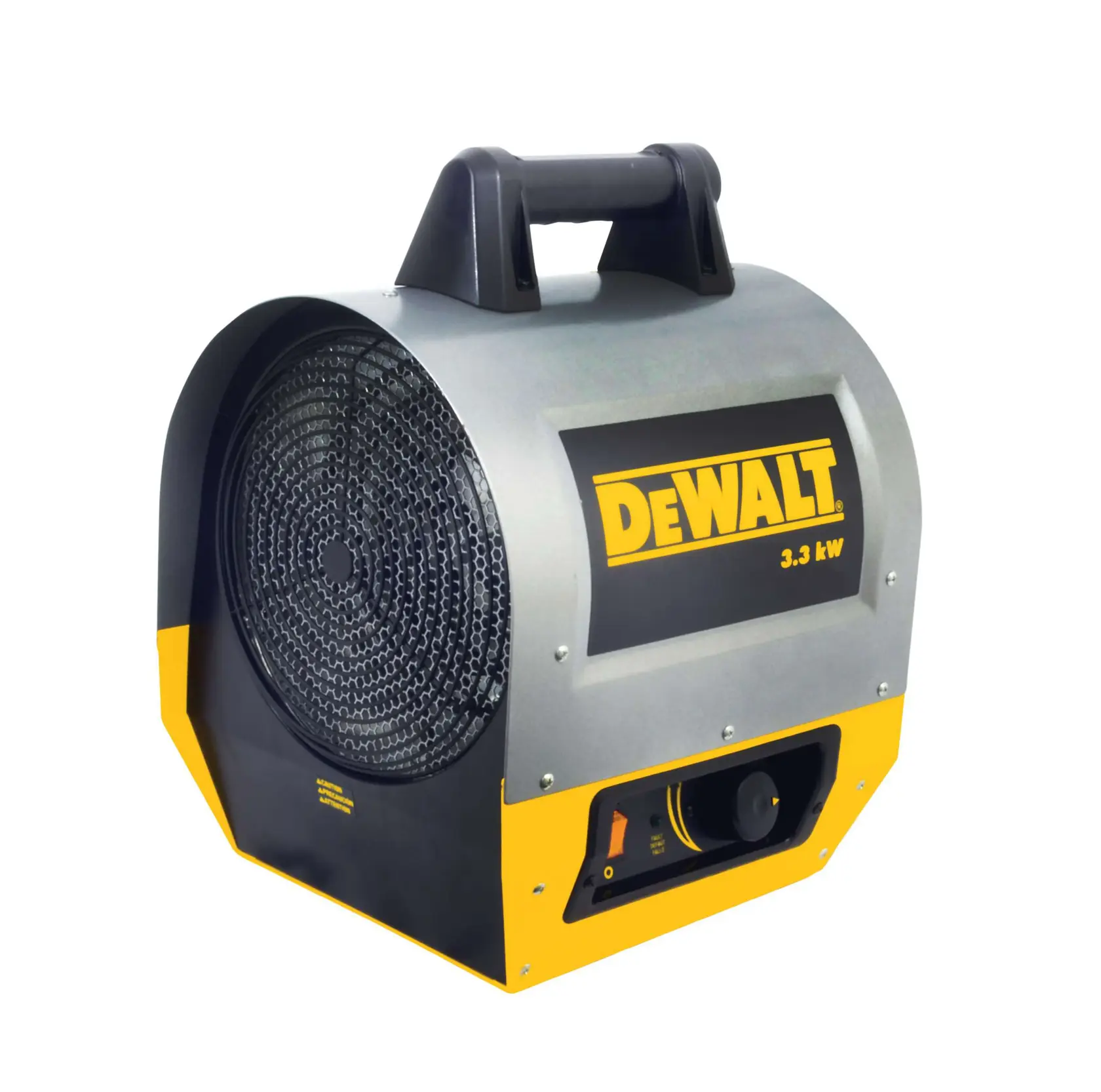 A DEWALT 3.3 kW portable electric heater with a black and yellow design, carry handle, and control dial on the front.