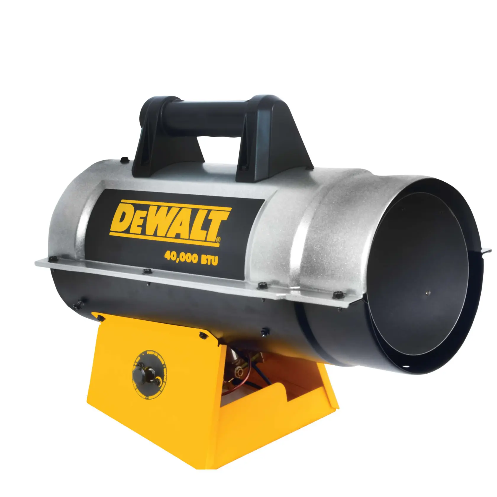 A DEWALT portable forced air heater, model DXH40FA, with a 40,000 BTU capacity and a yellow base.
