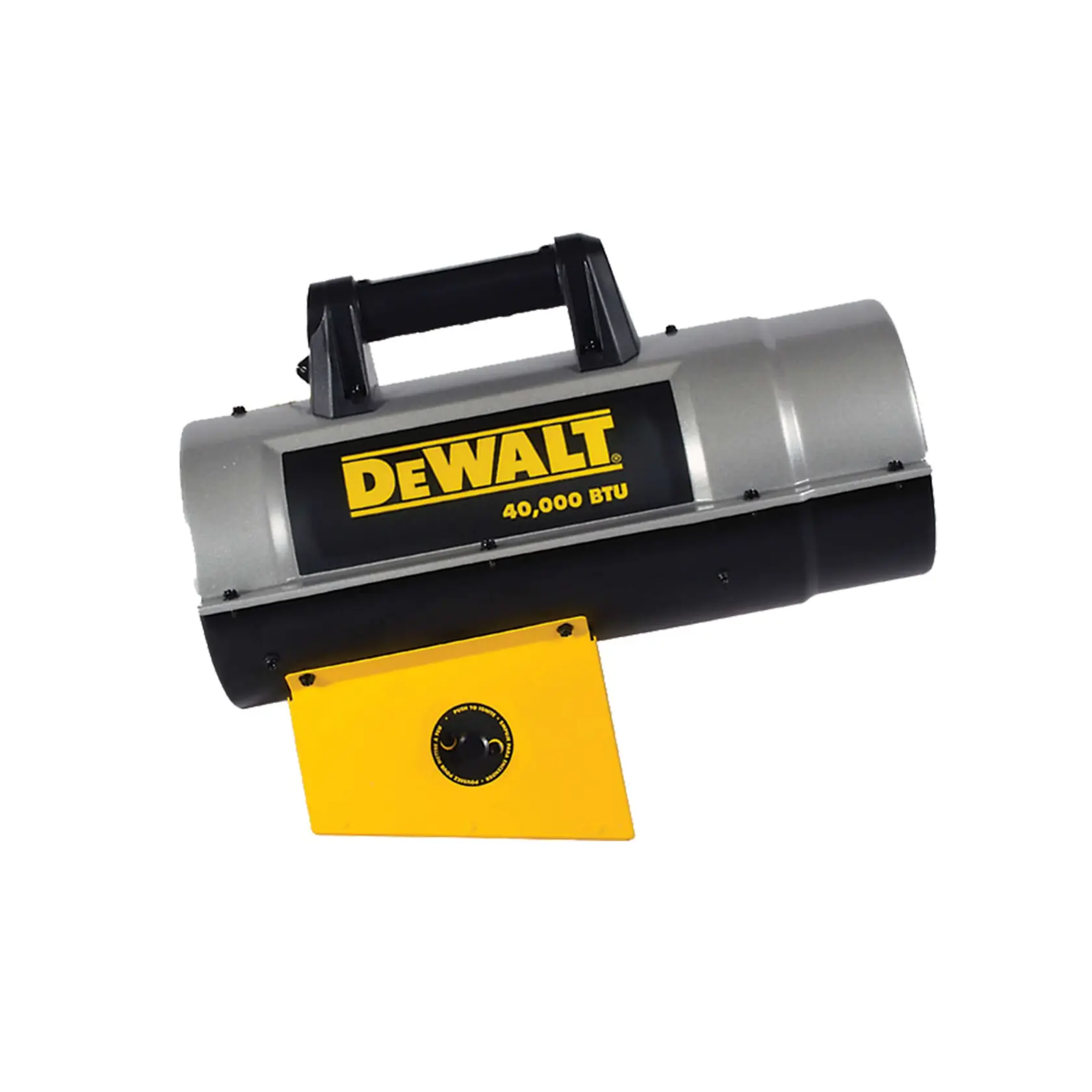 A DEWALT 40,000 BTU portable forced air propane heater with a handle on top and a yellow control panel.