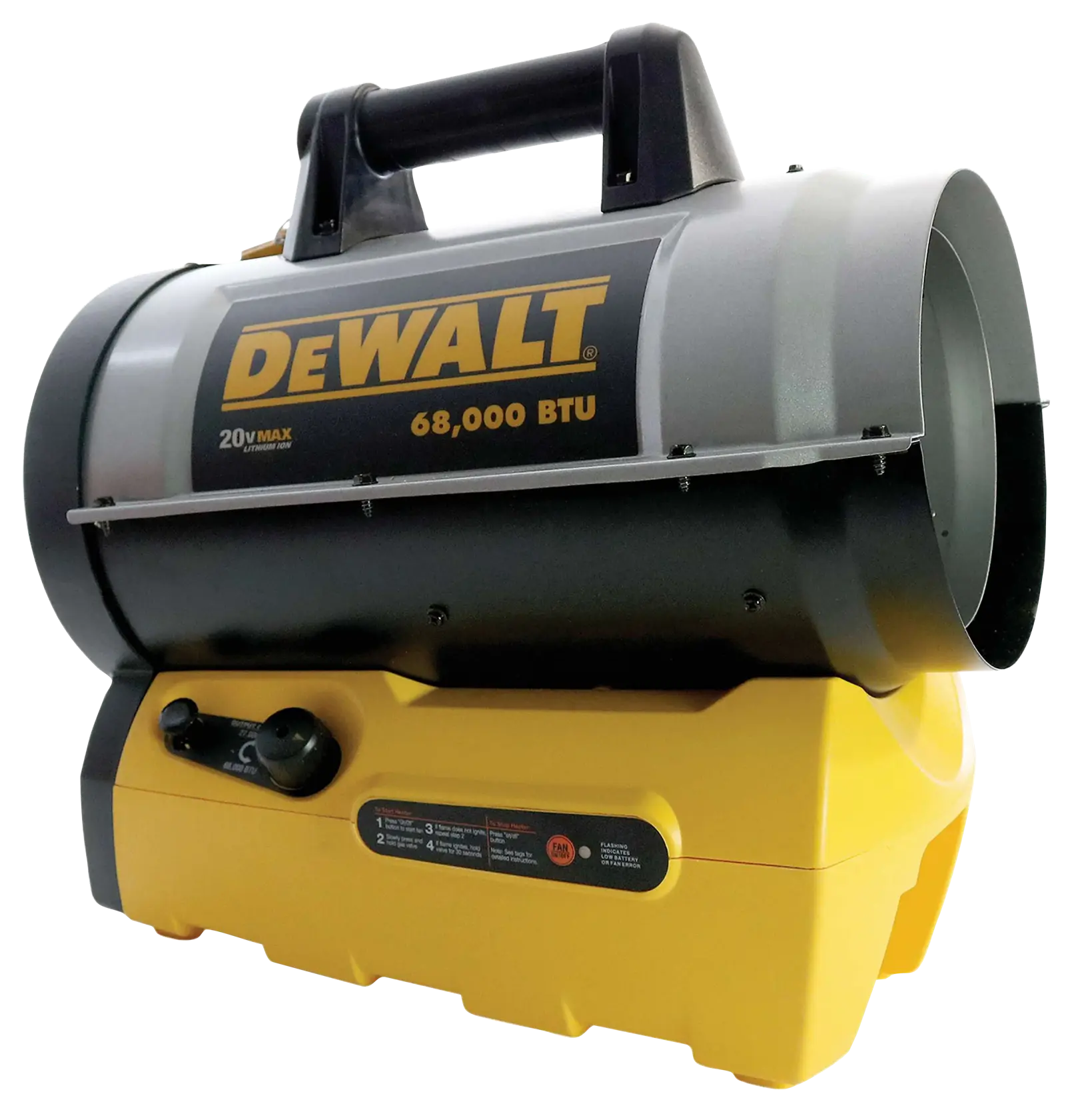 A DEWALT portable forced air propane heater with a yellow base and gray metal cylinder, labeled with 68,000 BTU and 20V Max Lithium Ion.