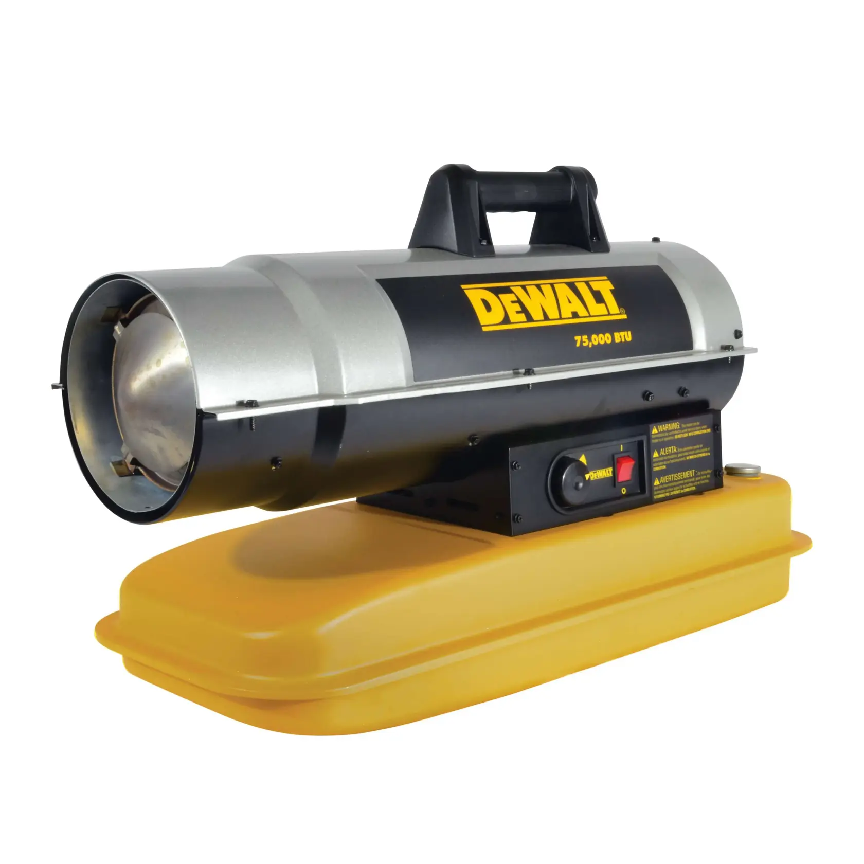 A DEWALT portable forced air heater with a yellow base and black and silver cylindrical body. The model indicates 75,000 BTU on its side, and it features a black handle on top for carrying.
