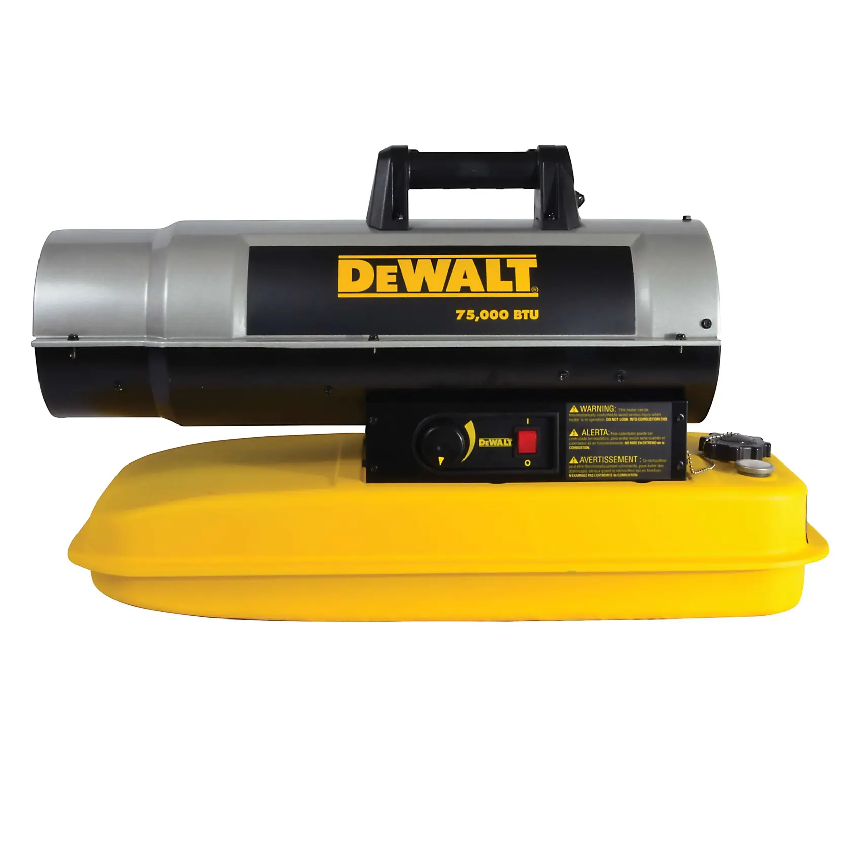 A DEWALT 75,000 BTU portable forced air heater with a yellow base and metal body, designed for use in large spaces such as workshops or construction sites.