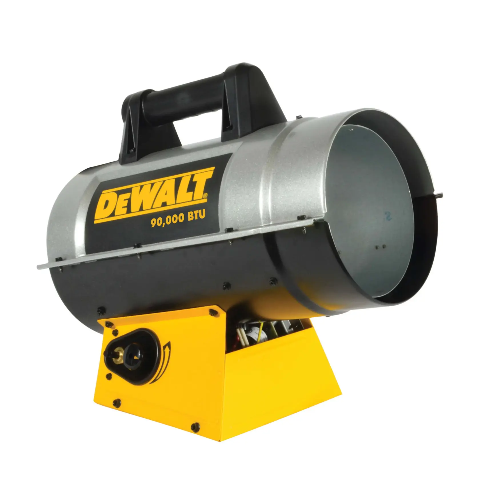 A DEWALT 90,000 BTU portable forced air propane heater with a cylindrical metal body, black handle on top, and yellow base.