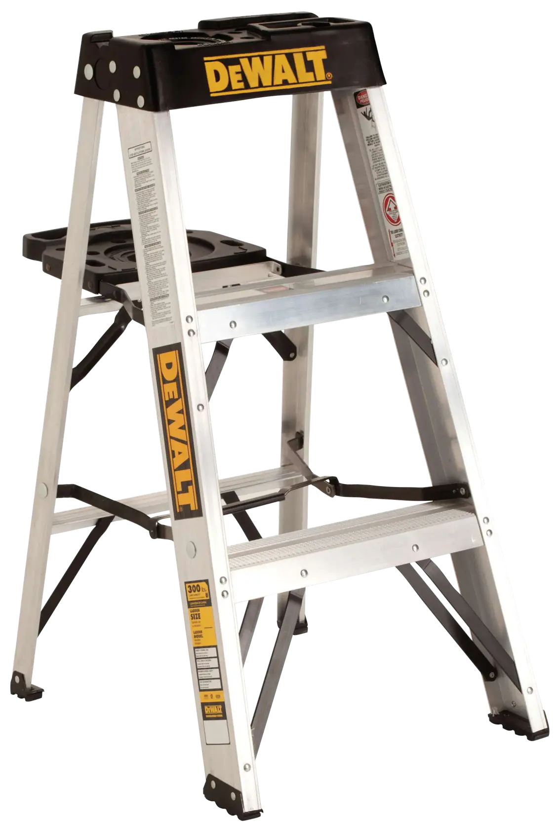 A DEWALT aluminum step ladder with a black top tray, featuring the DEWALT logo in yellow. The ladder has wide steps and reinforcement bars for stability.