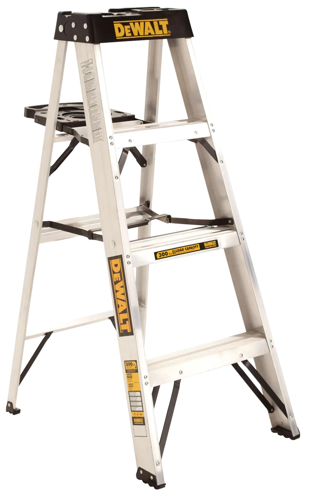 A silver-colored DEWALT step ladder with a black top and several labels, designed for heavy-duty use.
