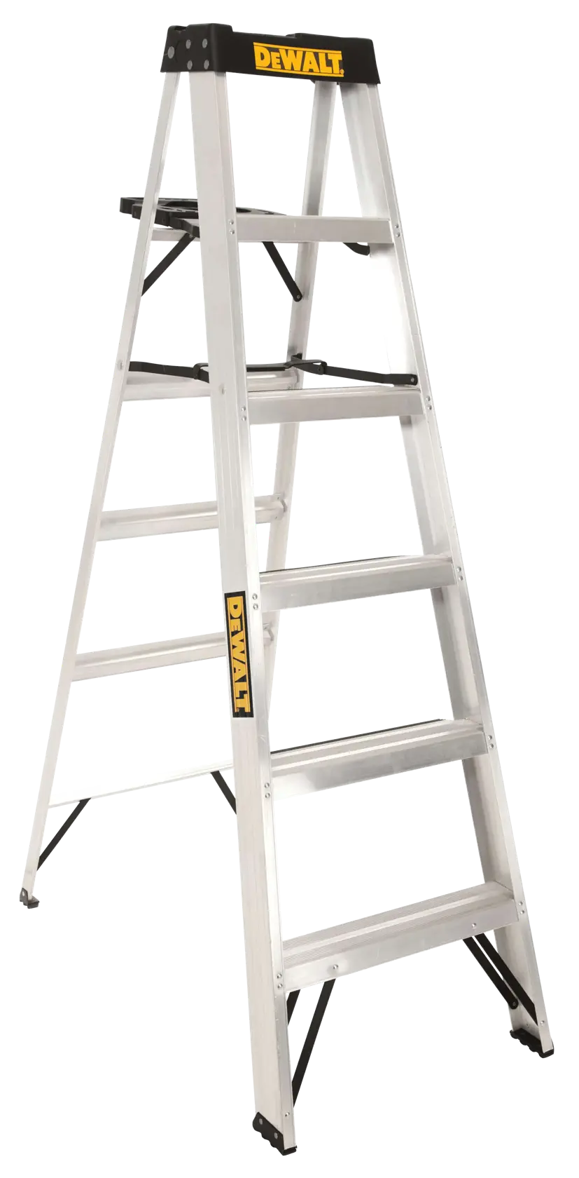 A DEWALT aluminum step ladder with five steps and a black top, designed for use in construction or home improvement tasks.
