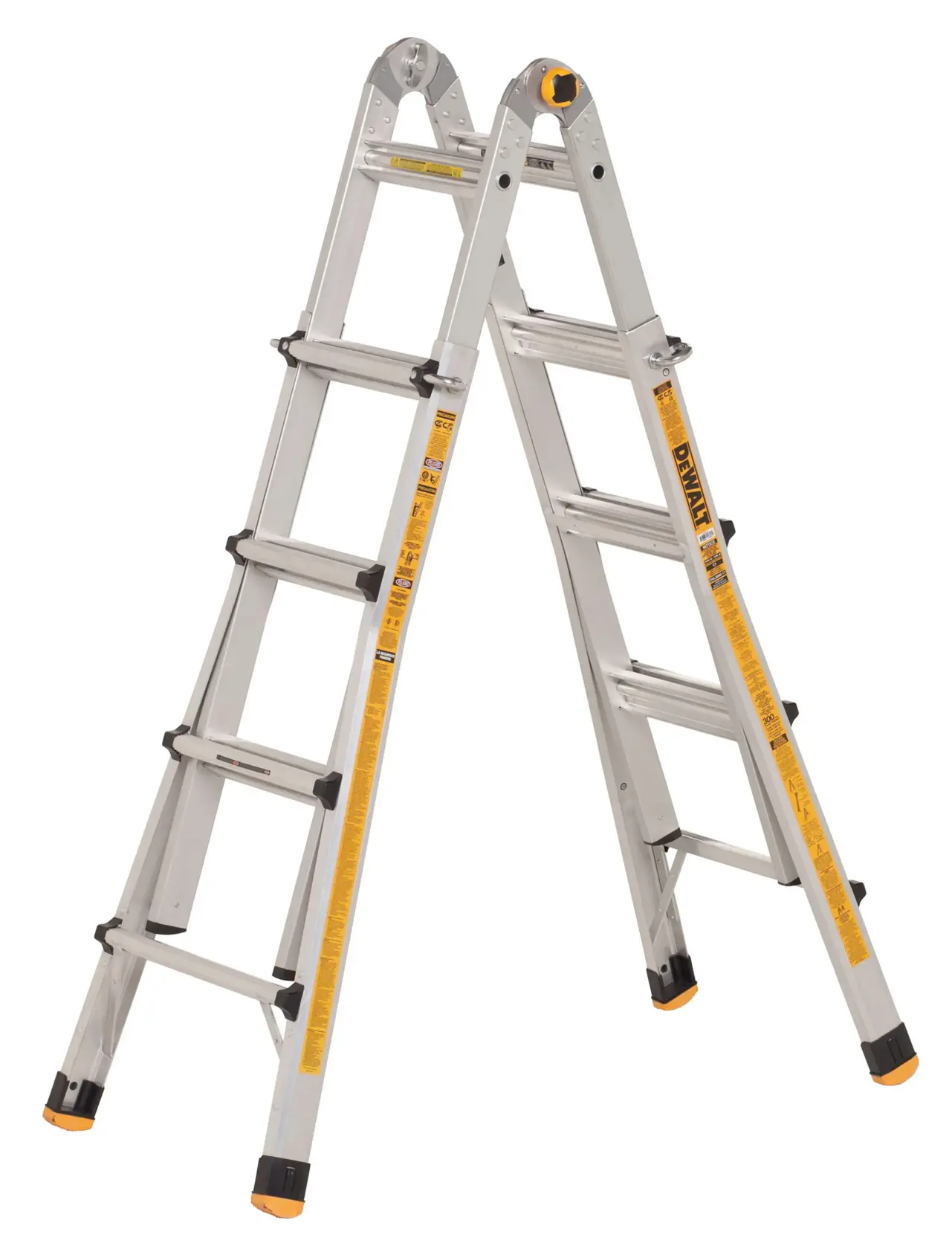 A silver multi-position aluminum ladder with yellow safety labels and black end caps, shown in an A-frame configuration on a white background.